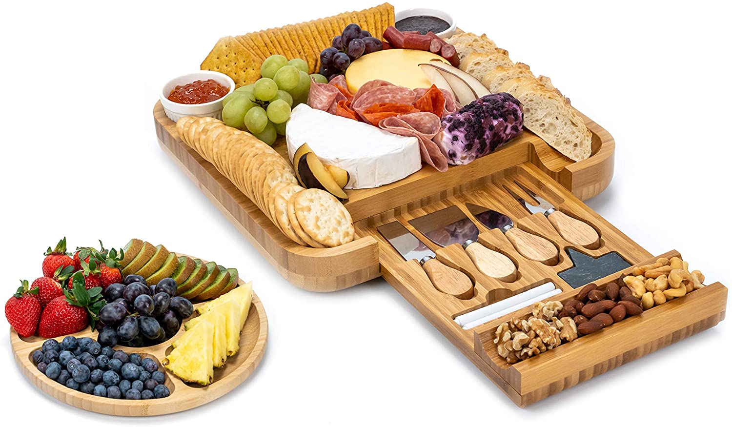 Smirly Cheese Board and Knife Set: 13 x 13 x 2 Inch Wood Charcuterie Platter for Wine， Cheese， Meat