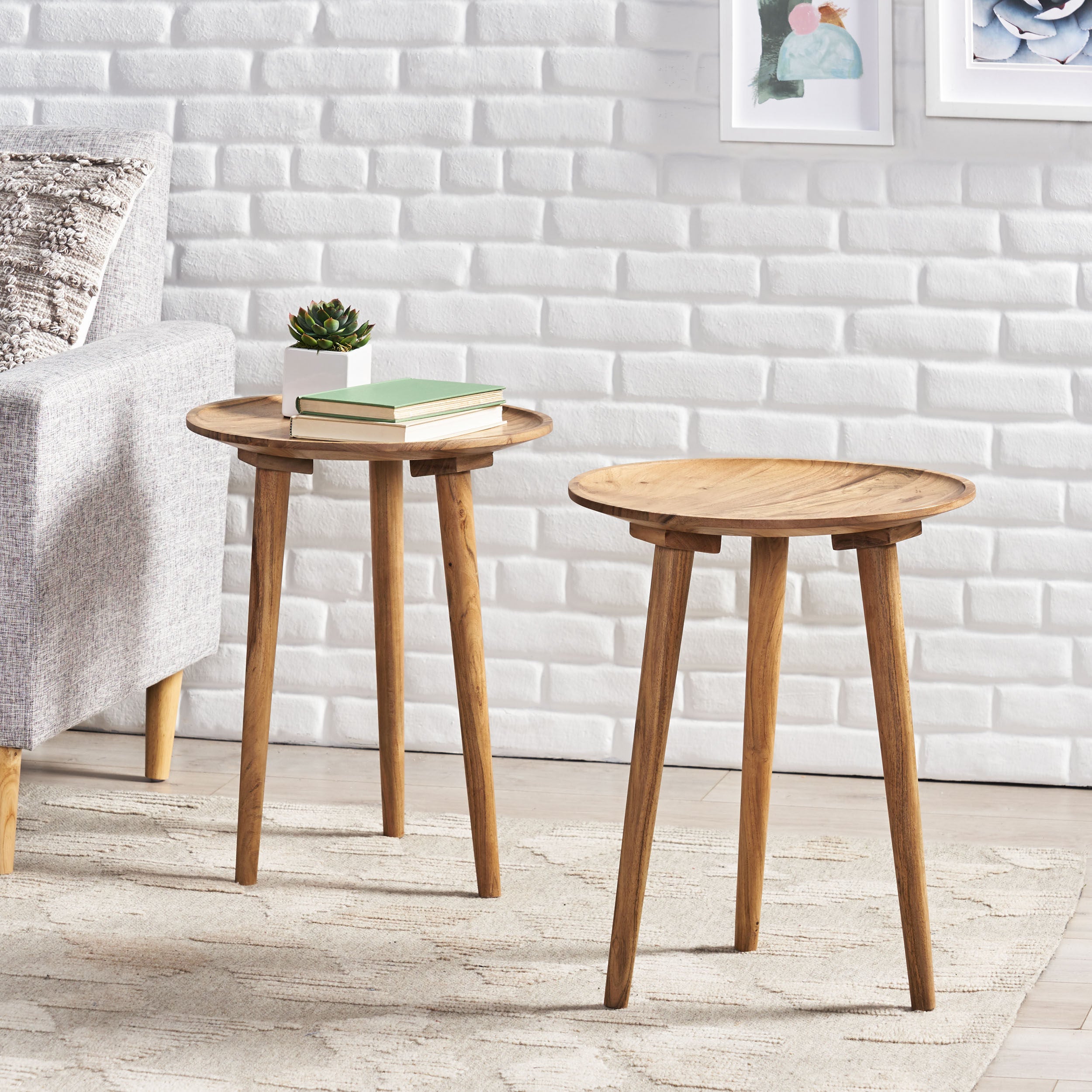 Millen Handcrafted Mid-Century Modern Acacia Wood Side Table, Set of 2