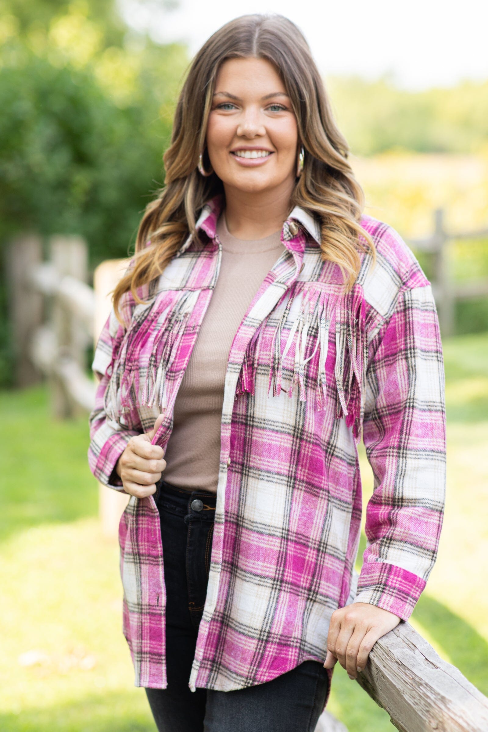 Fuchsia and Ivory Plaid Shacket With Fringe