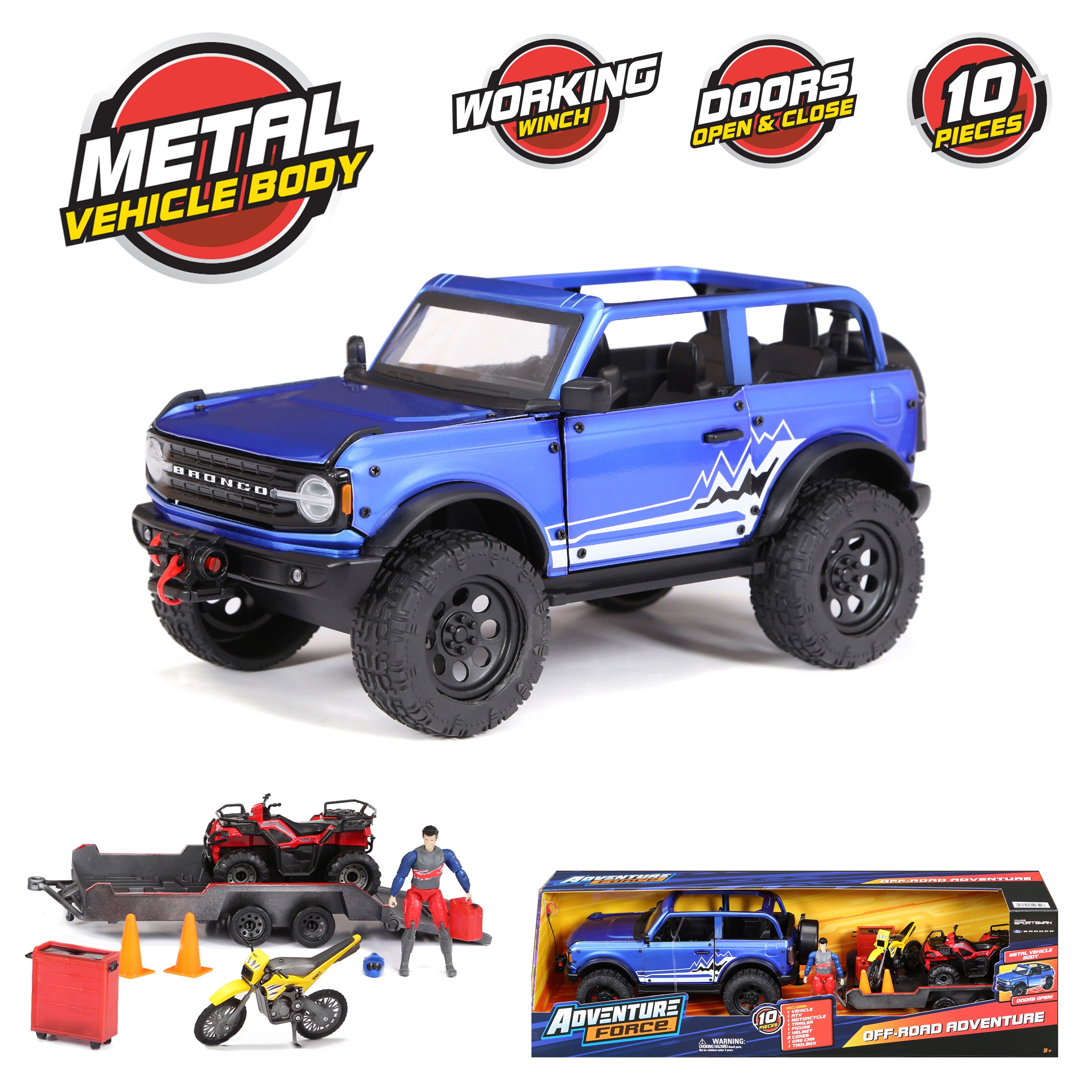 Adventure Force Metal Vehicle Deluxe Play Set Bronco Truck， ATV， Bike， Child Ages 3 and up