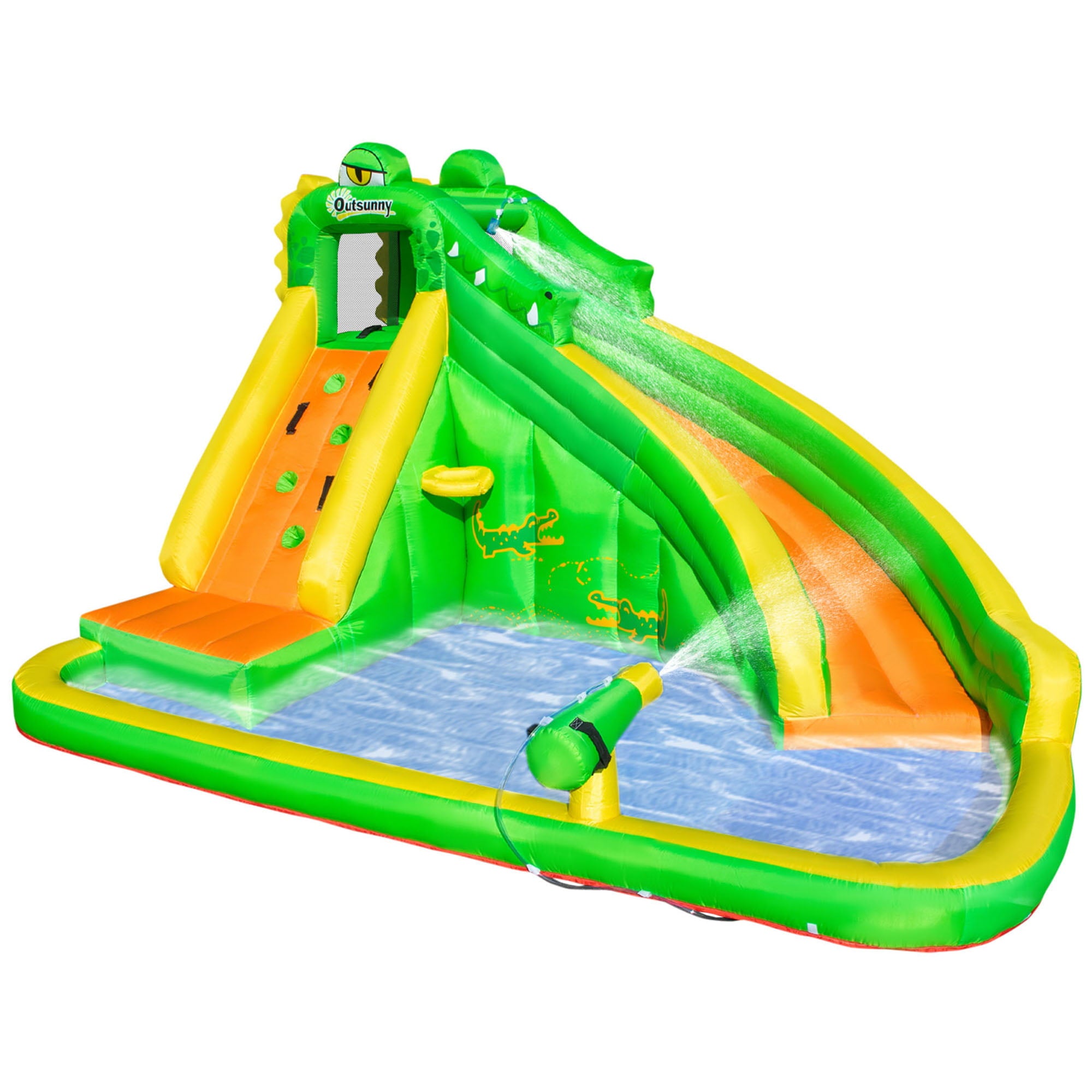 Outsunny 6 in 1 Inflatable Water Slide for Kids Backyard Water Park Castle Bounce House Extra Large Crocodile Style with Basket， Cannon， Pool， Climbing Wall， Slide and Carrybag Without Air Blower