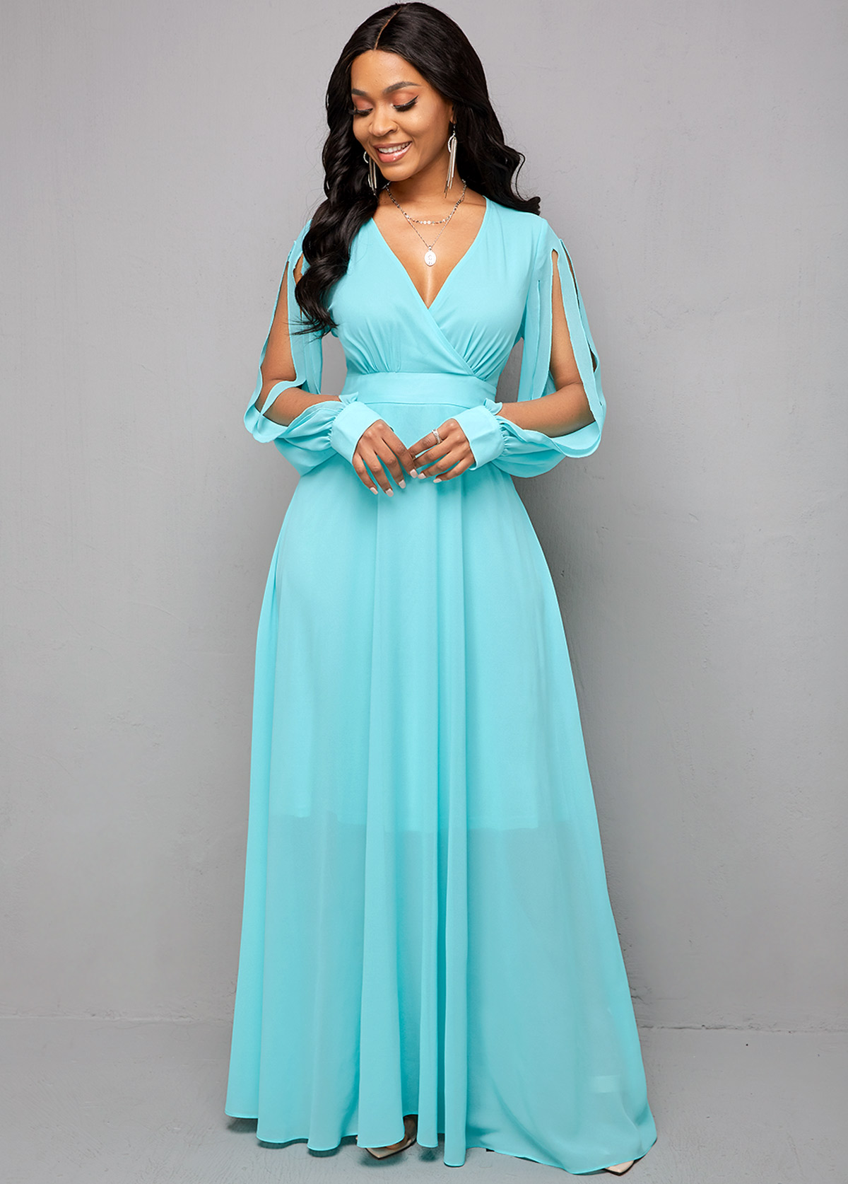 Cutout Sleeve V Neck Maxi Dress