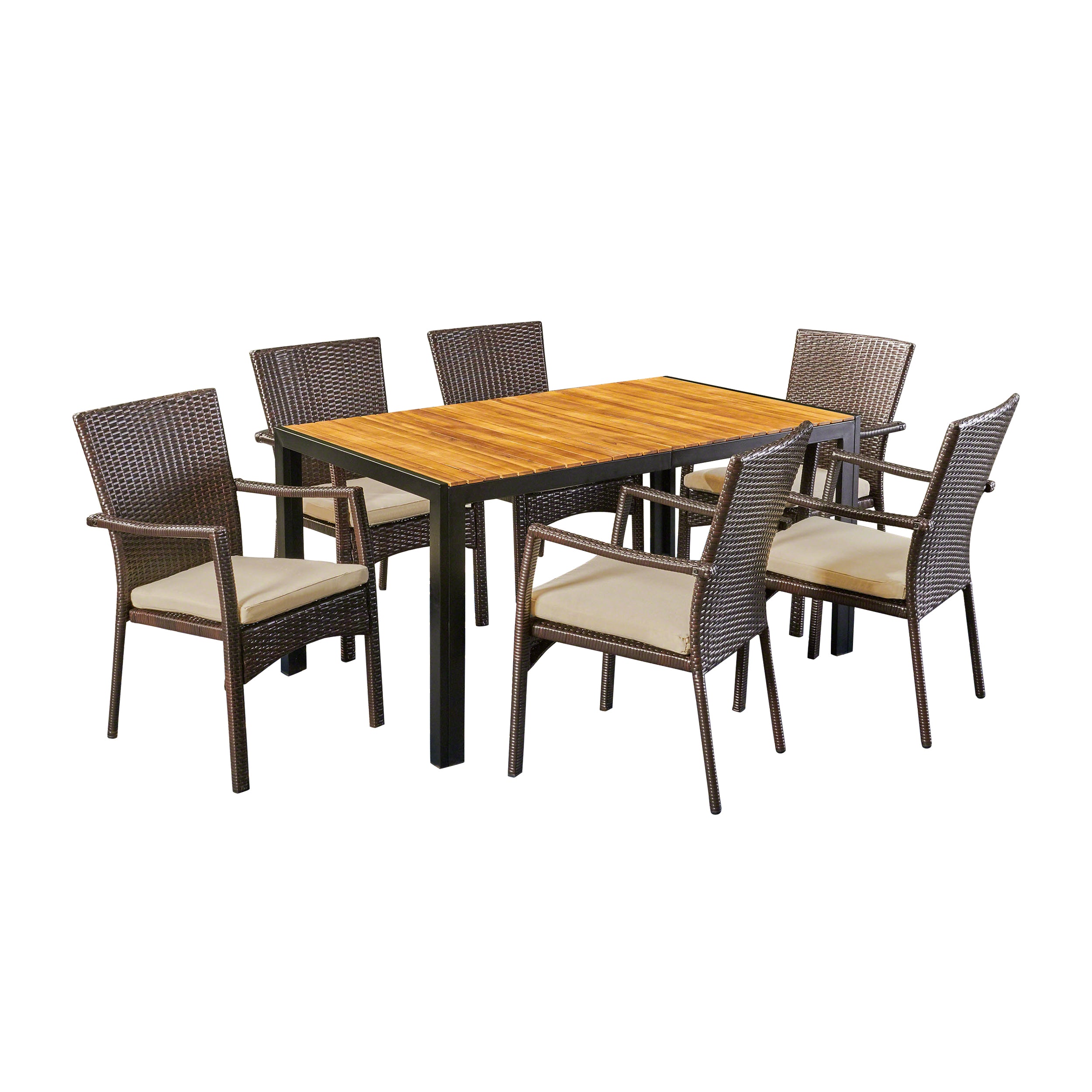 Faithe Outdoor 6-Seater Rectangular Acacia Wood and Wicker Dining Set, Teak with Black and Brown with Cream
