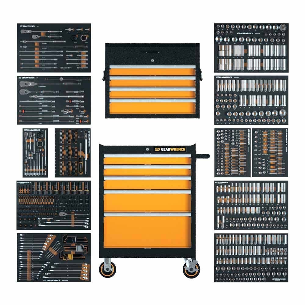 Conjunto de ferramentas GearWrench MEGAMODPRO Master Technician de 791 peças em bandejas modulares com armazenamento.
