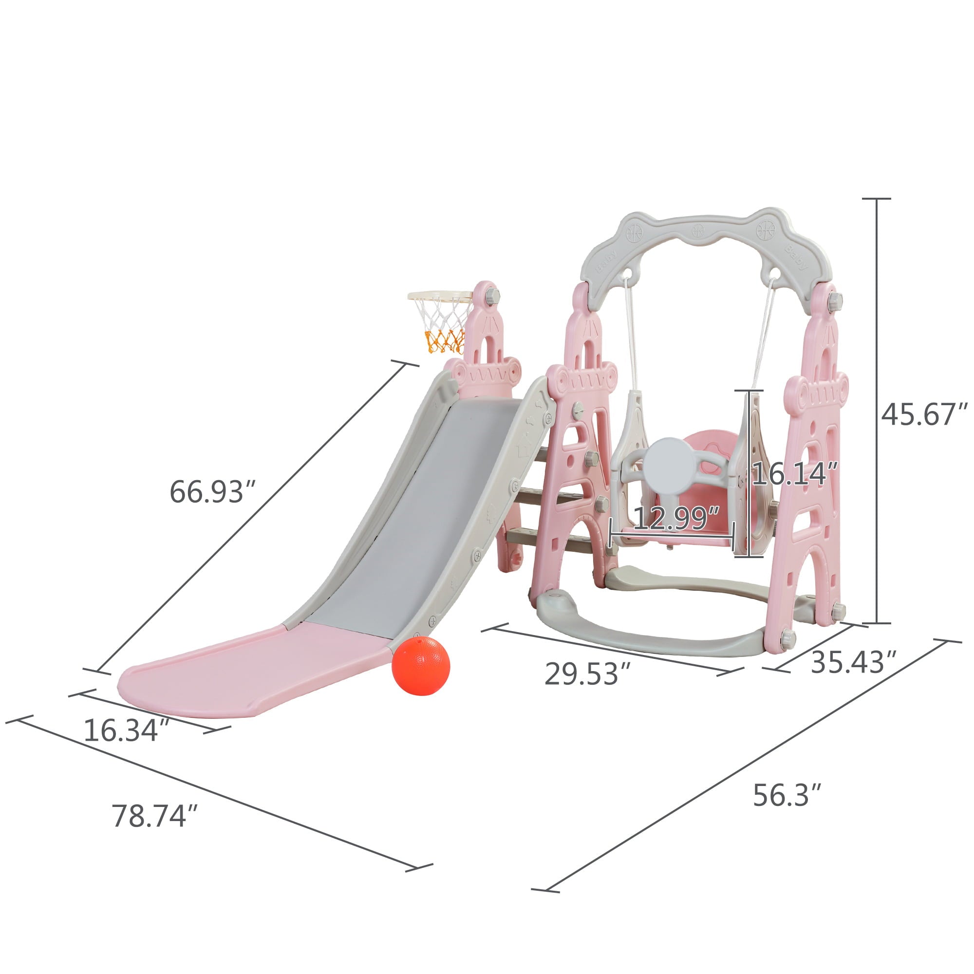 MOCA  3-in-1 Toddler Climber Slide ＆Swing Set - Extra Long Play Slide Playset for Indoor Outdoor Backyard with Basketball Hoop， Pink+Gray