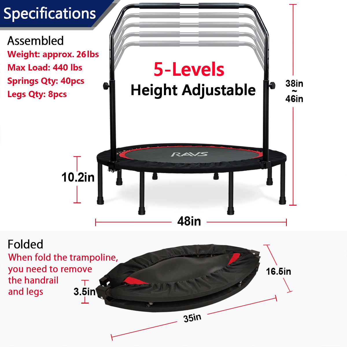 RAVS 48'' Inch Foldable Mini Rebounder Fitness Trampoline with Handle for Kids Adults Indoor