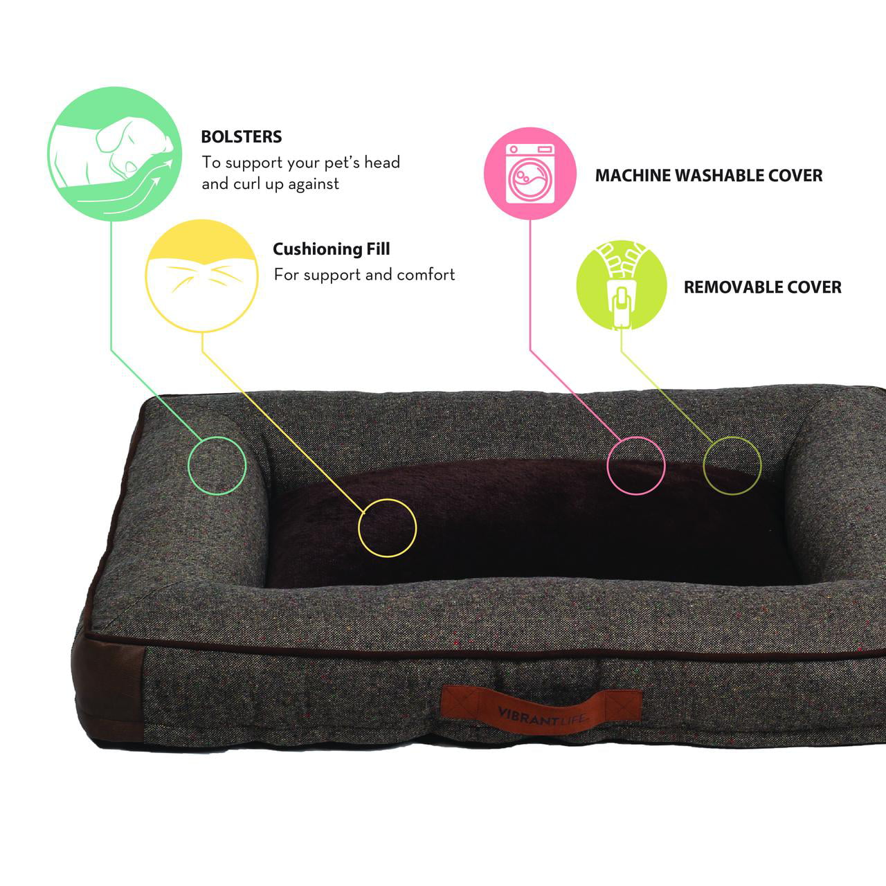 Vibrant Life Large Comfort Orthopedic Bolster-Style Dog and Cat Bed， Brown