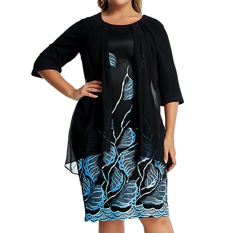 Women's Plus Size Fake Two-Piece Dress Crew Neck Half Sleeve Dress