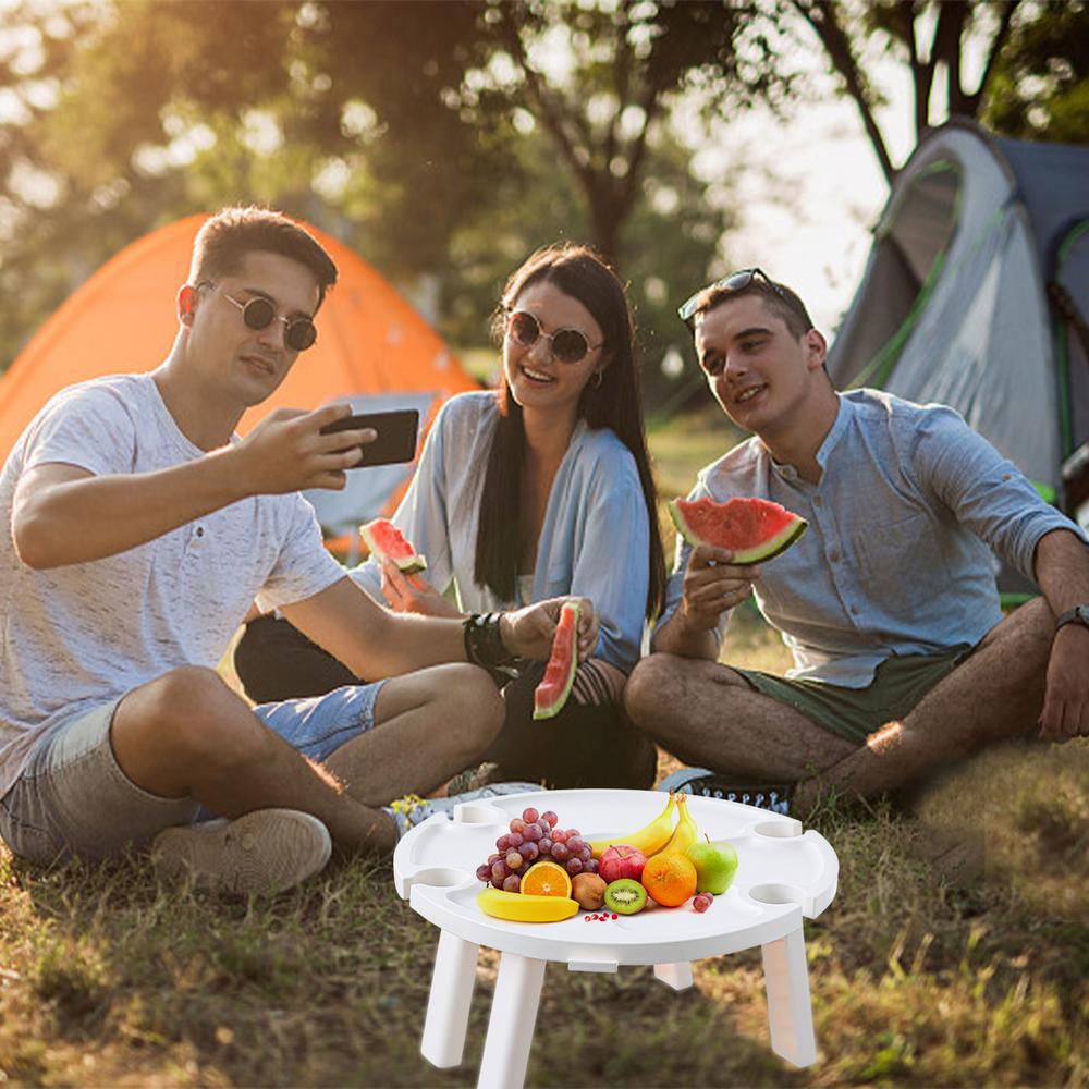IMSHIE Round Folding Table， Portable Outdoor Wine Table Folding Picnic Tray， White Pink Folding Picnic Table with Glass Holder， Folding Desk for Camping methodical