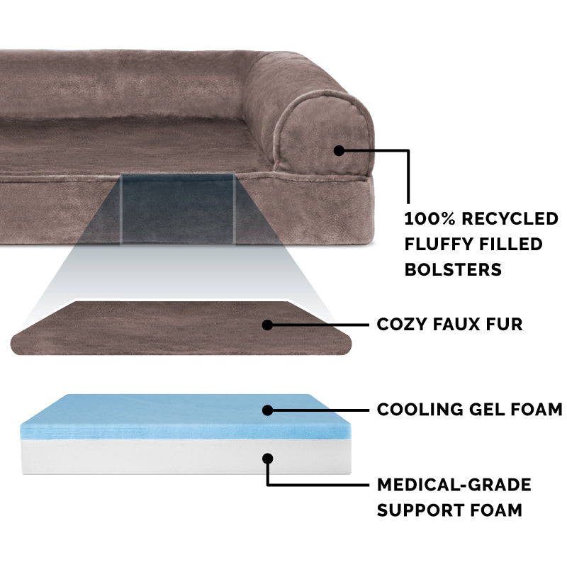 FurHaven Pet Dog Bed | Cooling Gel Memory Foam Orthopedic Faux Fur and Velvet Sofa-Style Couch Pet Bed for Dogs and Cats， Driftwood Brown， Medium