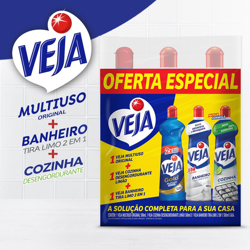Kit Veja 1 Limpadores Multiuso Original 500ml + 1 Limpador Cozinha Desengordurante Limao 500ml + 1 Limpador Banheiro Tira Limo 500ml