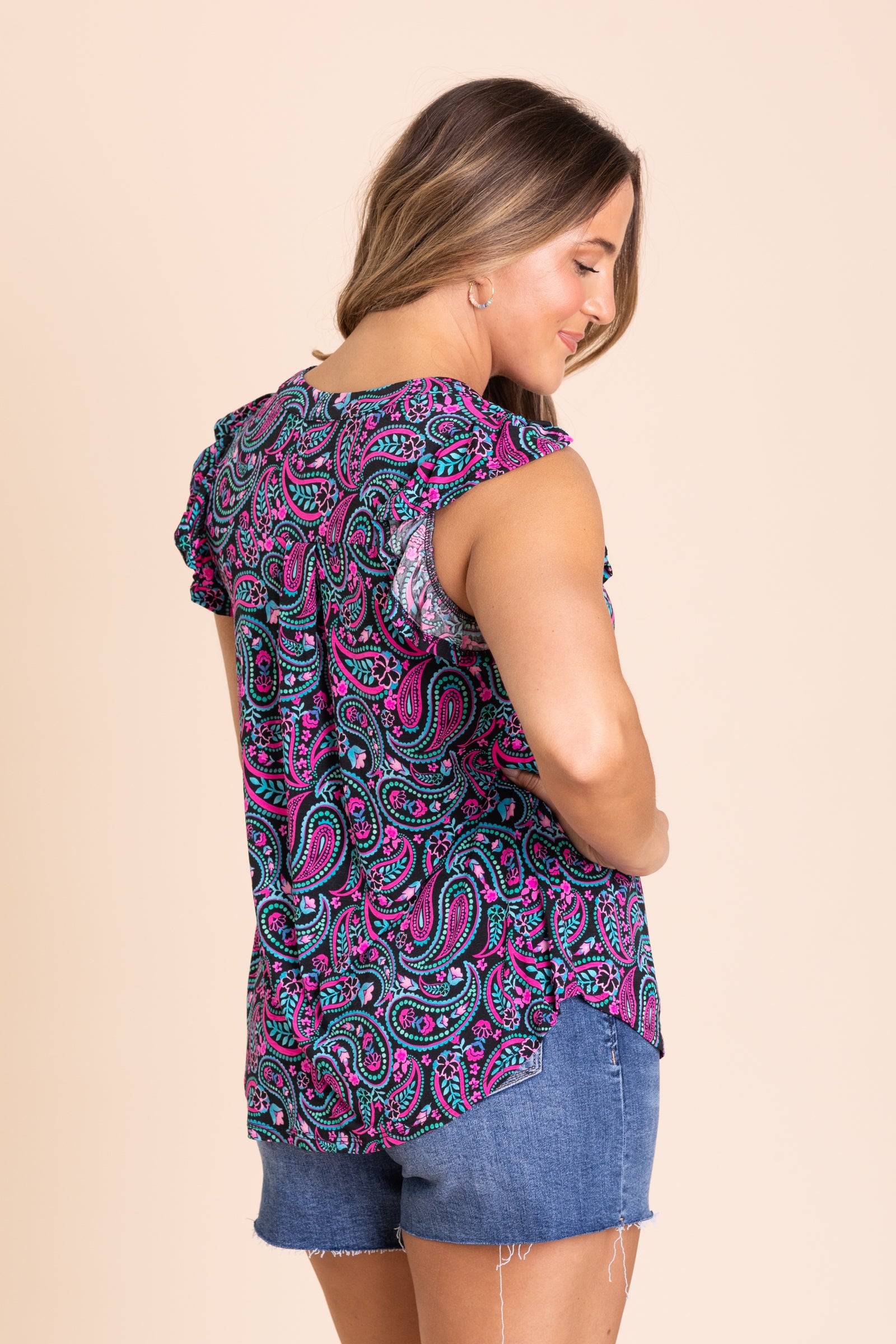 Black Print Ruffle Sleeve Wrinkle Free Liz Top