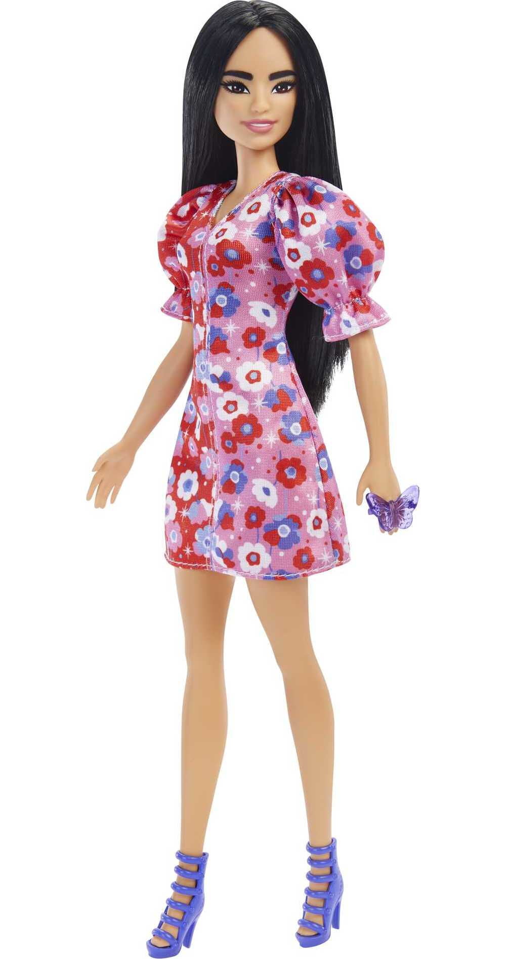 Barbie Fashionistas Doll #177 with Black Hair in Floral Dress & Strappy Heels