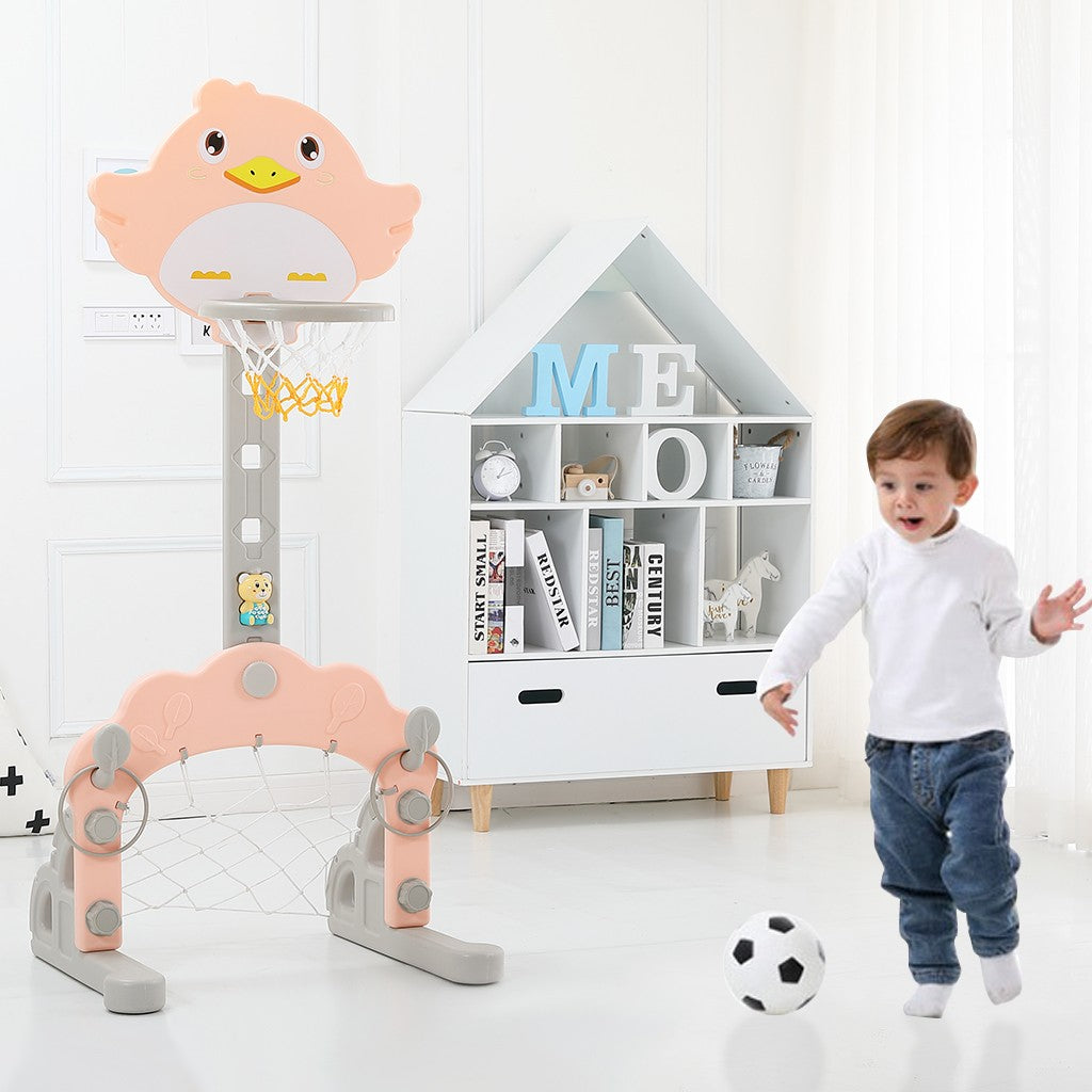 Oalirro Basketball Hoop Set， 3 in 1 Sports Activity Center Grow-to-Pro Adjustable Easy Score Basketball Hoop， Football / Soccer Goal， Ring Toss Cute Giraffe Best Gift for Baby Infant Toddler (Pink)
