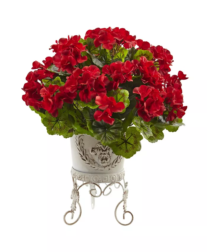Nearly Natural Geranium UV-Resistant Indoor Outdoor Artificial Plant in Metal Planter