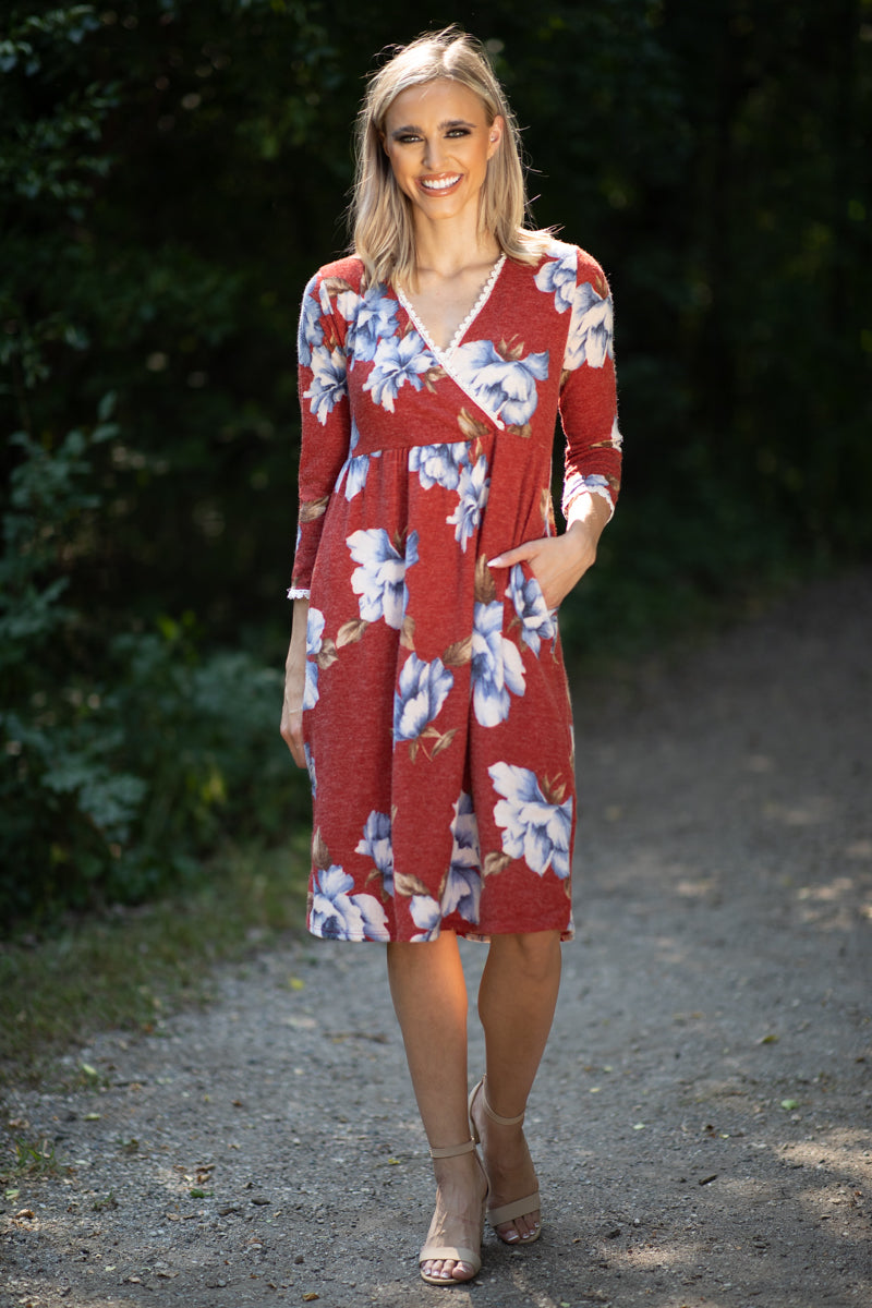 Cranberry and Blue Floral Surplice Front Dress