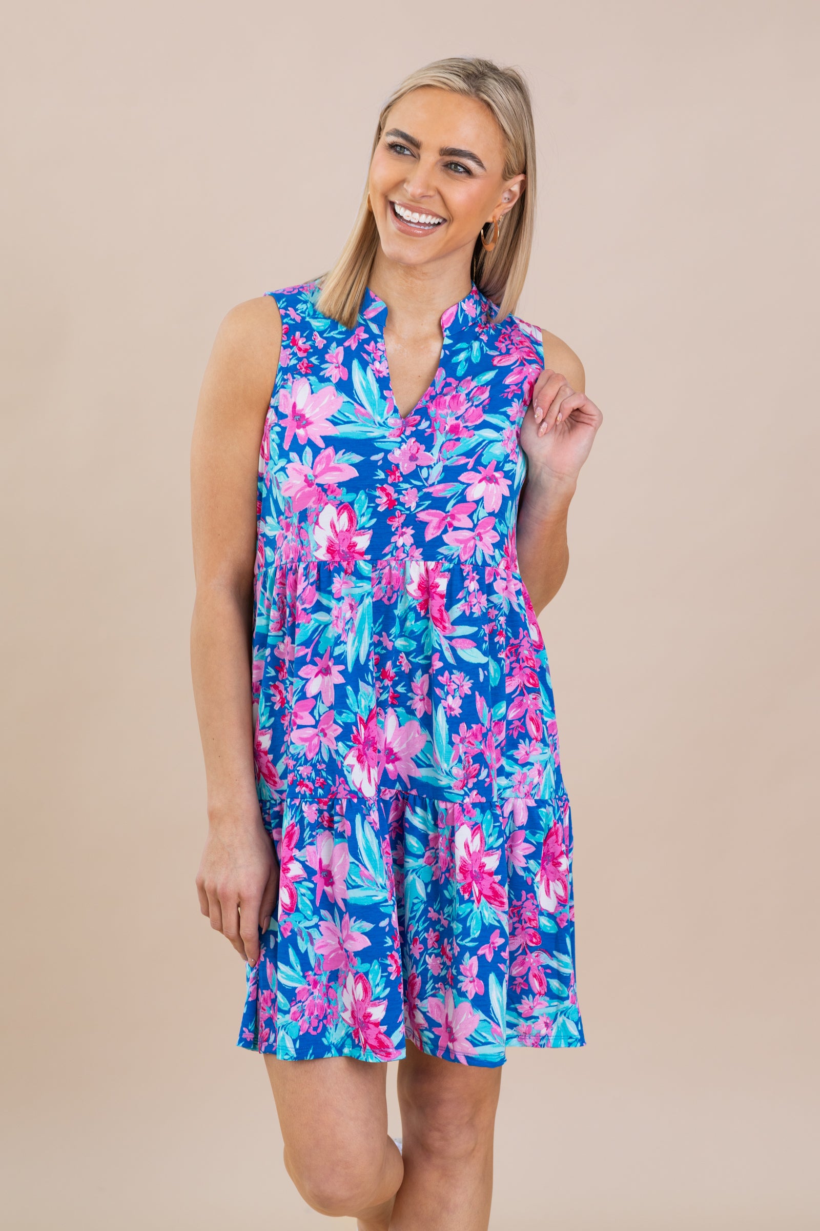 Blue Floral Tiered Wrinkle Free Dress