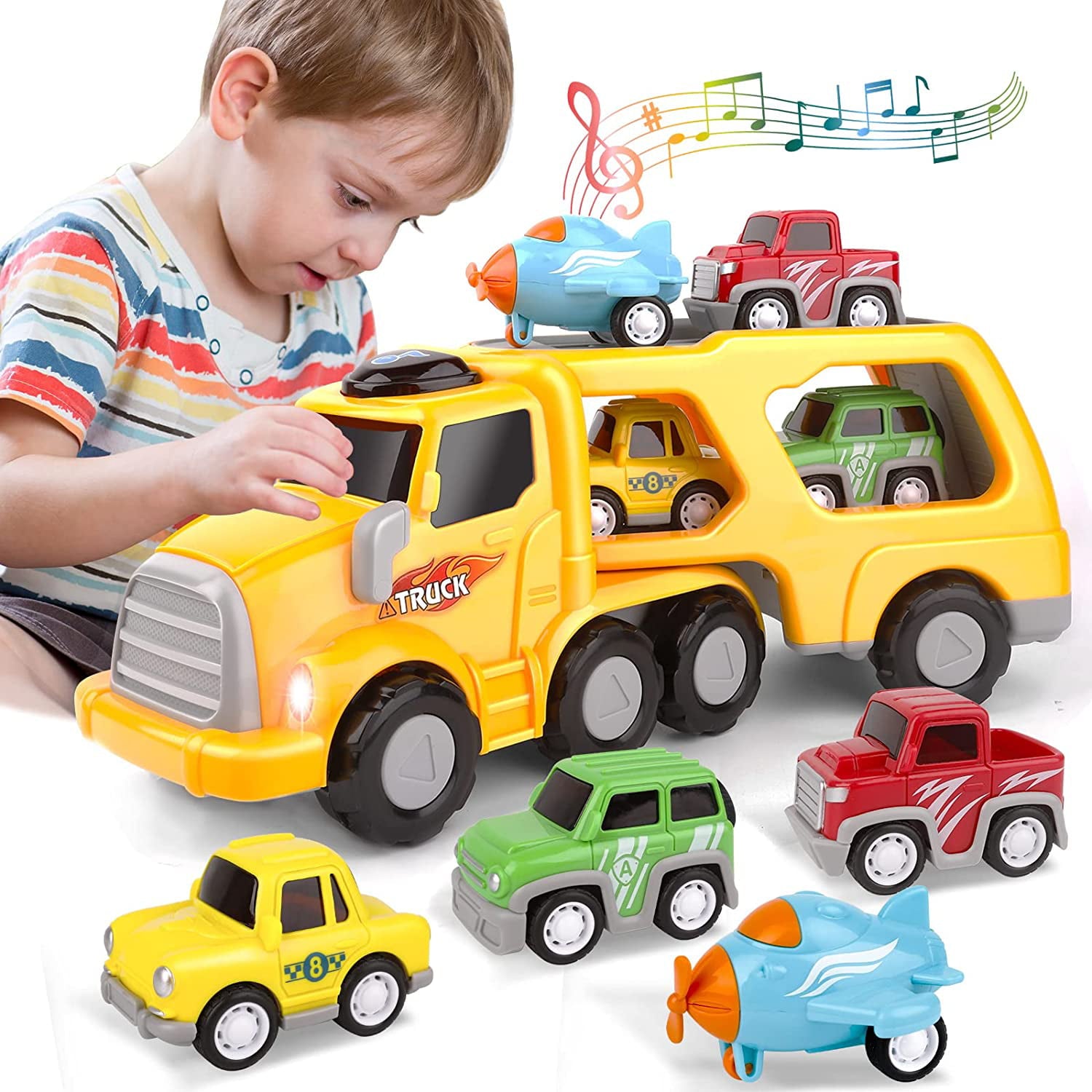 LAYADO 5 in-1 Toy Trucks for Boys，Truck Toy for 1 2 3 4 5 6 Year Old Girls and Boys，Big Transport Truck with 4 Small Pull Back Cars，Carrier Truck Toy with Sound and Light，Gifts for Birthday