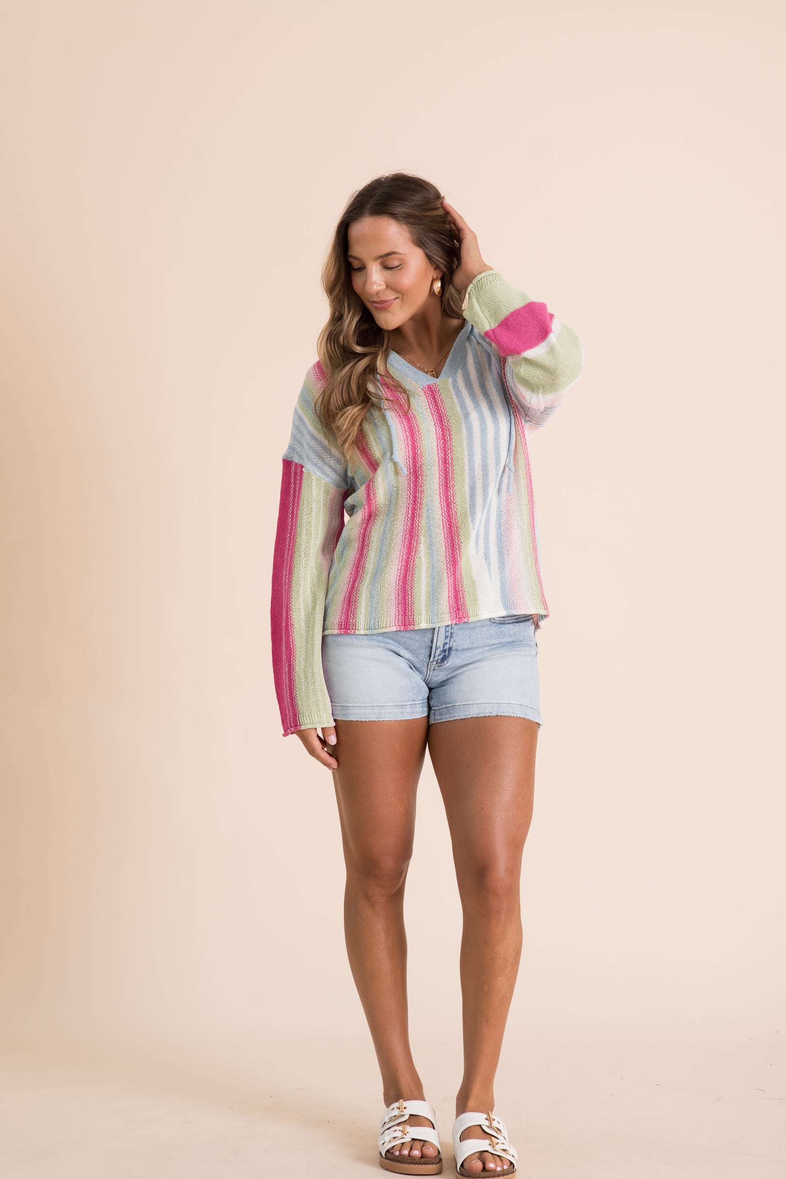 Multicolor Stripe Knit Hoodie Top