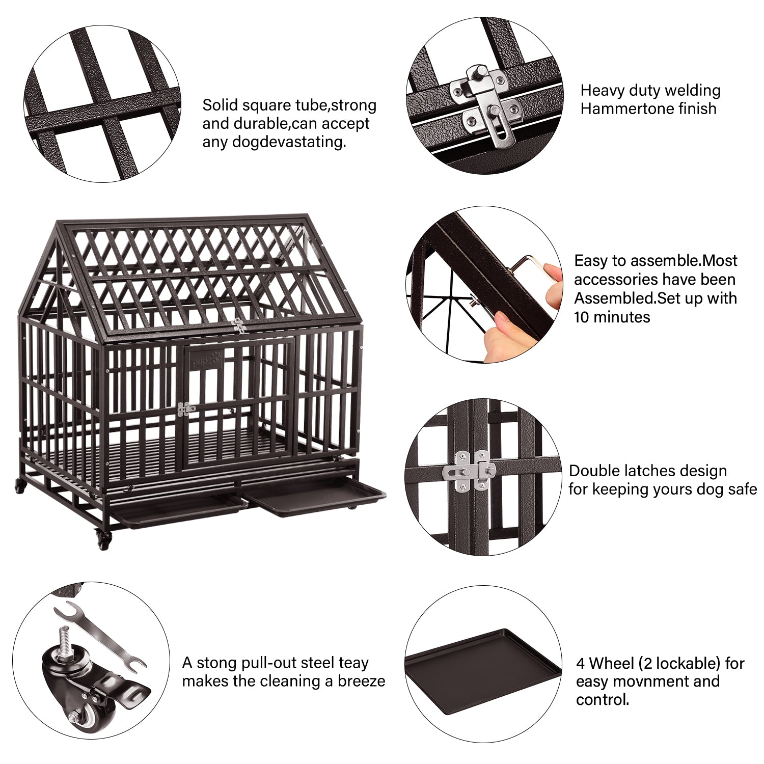 Ainfox 42 inch Heavy Duty Dog Crate， Indestructible Dog Crates for Medium Dogs， Escape Proof Dog cage Kennel with Lockable Wheels， for Home， IndoorandOutdoor (Square Tube-Brown)