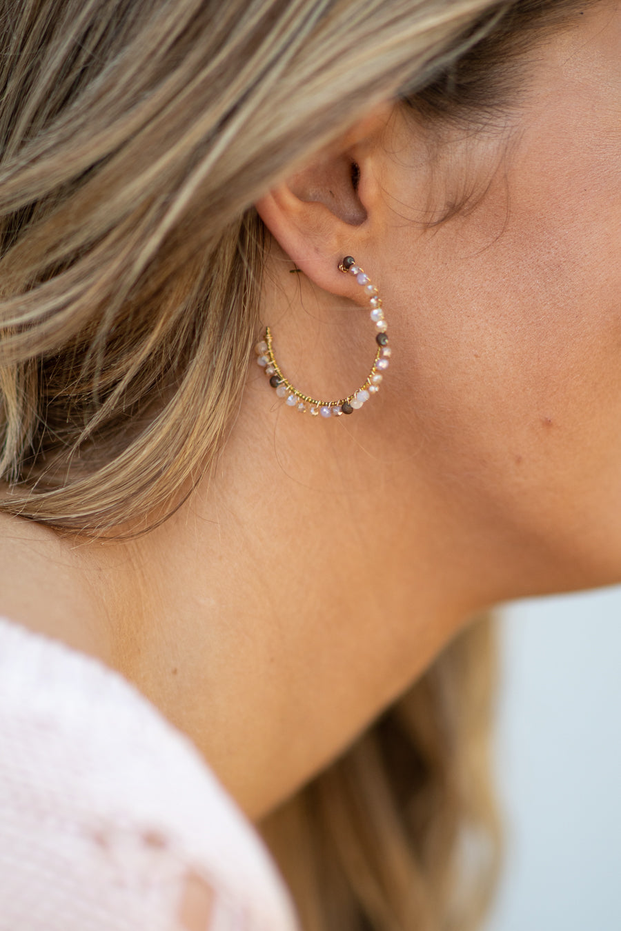 Cream Multicolor Beaded Hoop Earrings