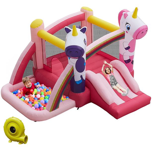 Kinbor Kids Inflatable Jumping Slide Bounce House with Blower Ocean Ball， Pink Unicorn