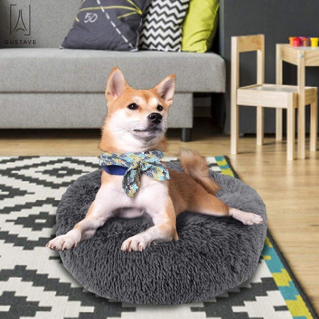 Gustave Calming Dog Beds， Self-Warming Round Pet Bed Cushion， Luxurious Faux Fur Donut Cuddler Soft Plush Comfortable for Sleeping 