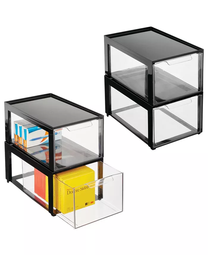 mDesign Plastic Office Storage Stack Organizer with Drawer， 4 Pack