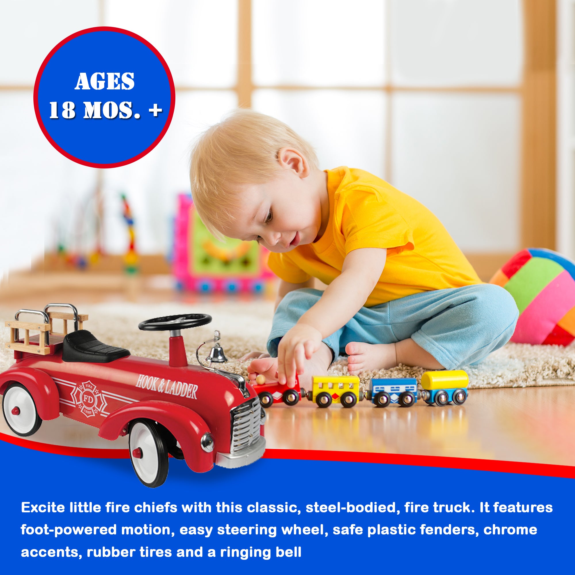 Constructive Playthings Kids Hook and Ladder Fire Truck Ride-On Car， Red，Unisex