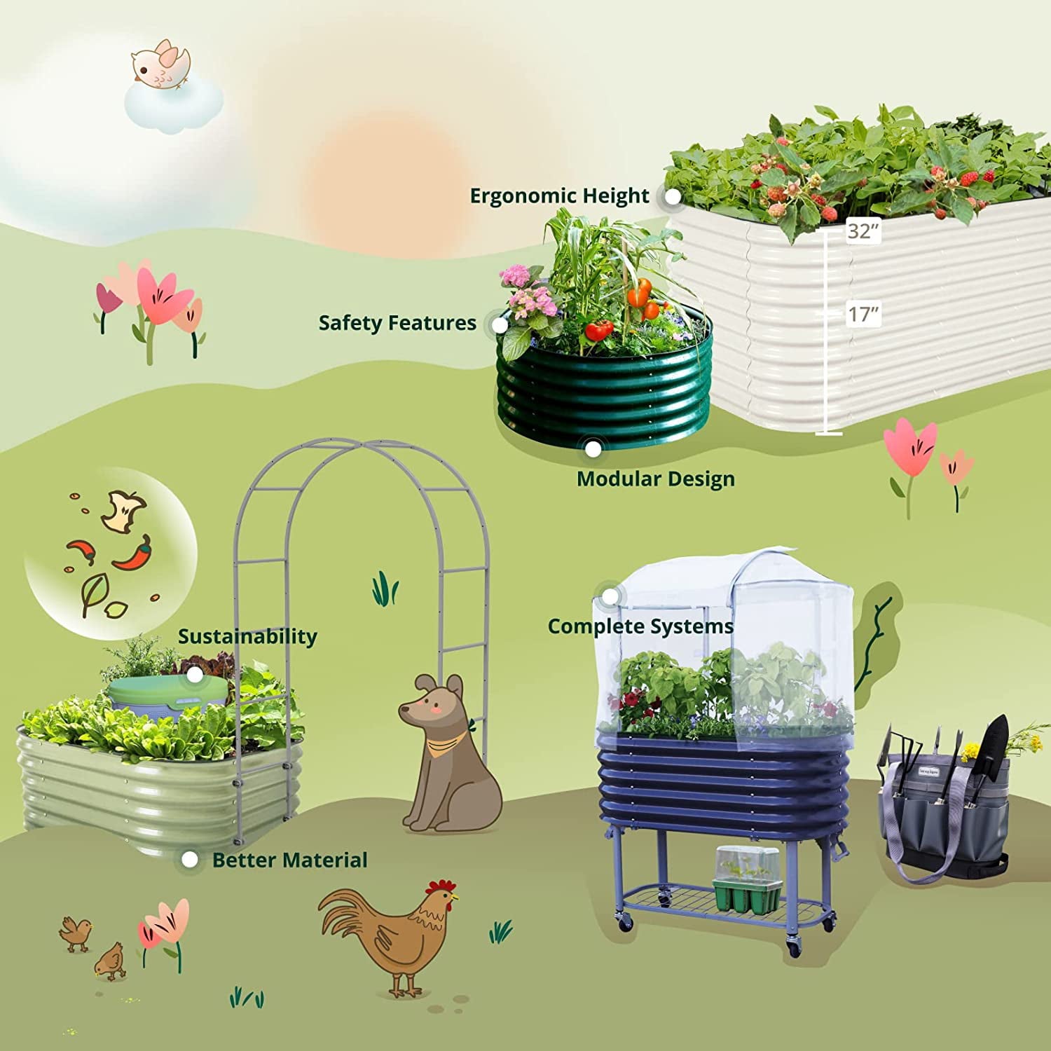 Vego Garden 17" 10 in 1 Modular Metal Raised Garden Bed -British Green