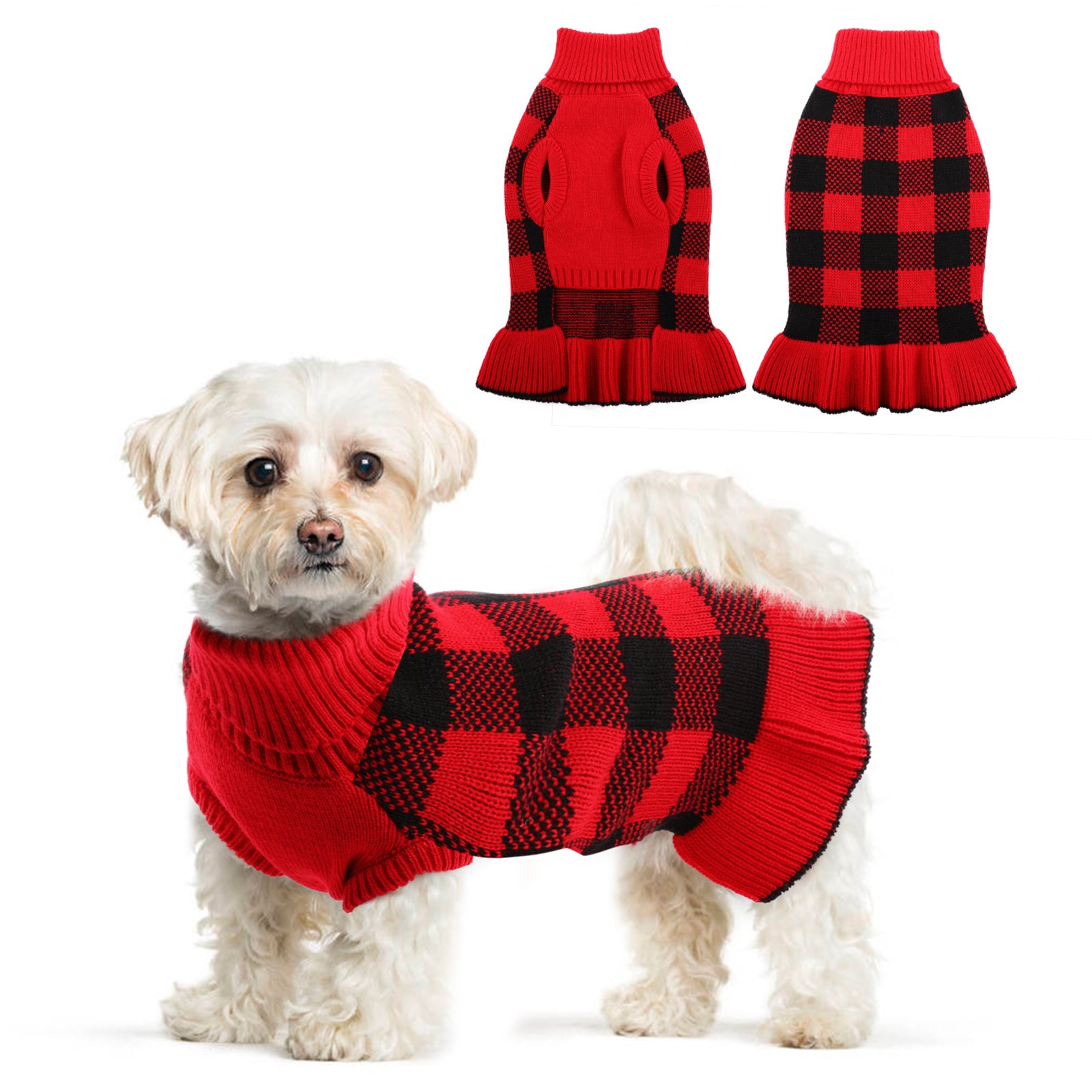 QBLEEV Pet Dog Sweaters Dress for Small Medium Dogs，Dog Knitwear Warm Turtleneck Pullover Puppy Sweater，Cute Pet Plaid Vest Dress with Leash Hole， Cozy Pet Fall Winter Clothes Christmas Apparel