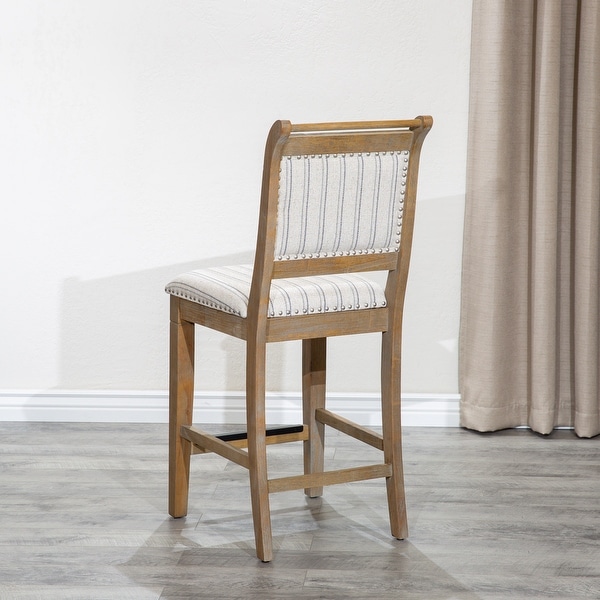 Counter Dining Chair， Rustic Gray Finish， Gray Stripe Fabric Seat