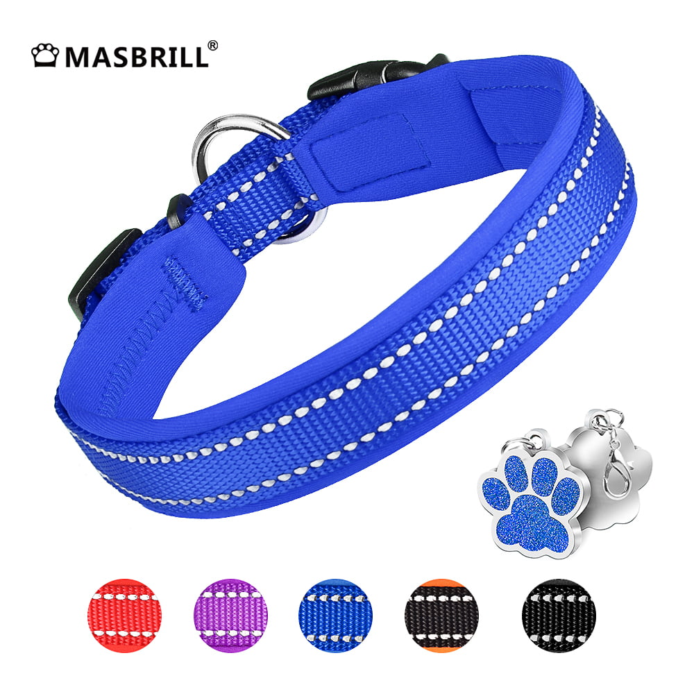 MASBRILL Dog Collar with Dog tag Reflective Soft Neoprene Padded Breathable and Adjustable， Odour Resistant and Fast Drying-Blue-M