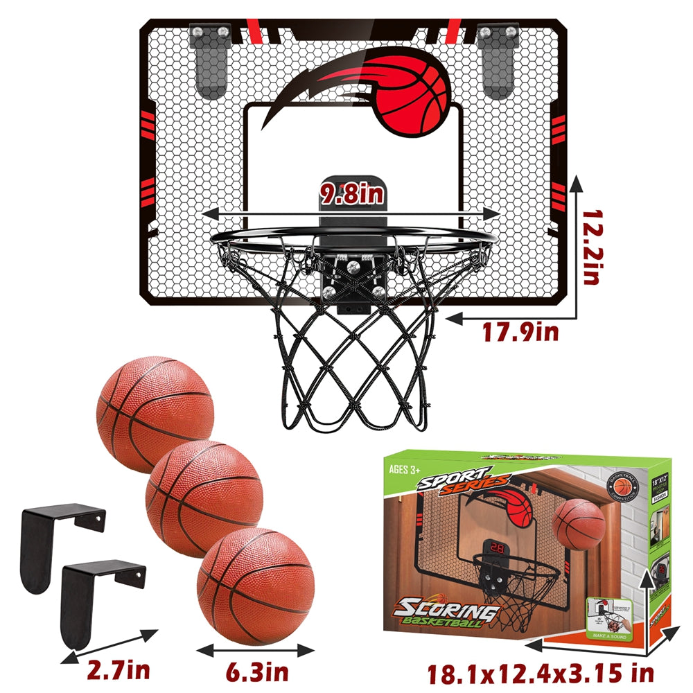 LAYADO Kids Mini Basketball Hoop Set Electronic Score Record and Sounds， Basketball Hoop over The Door with 3 Balls， Hand Pump basketball backboard Toy Gifts Indoor and Outdoor