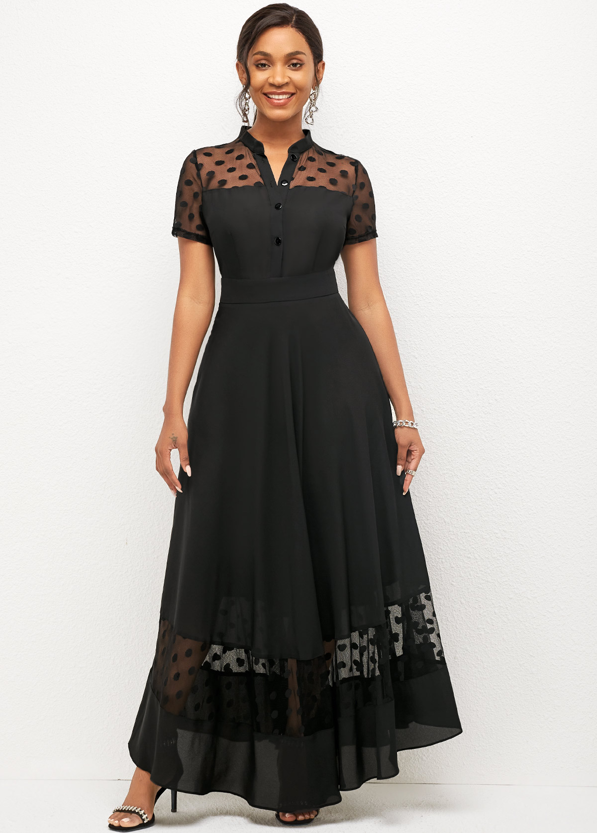 Mesh Stitching Short Sleeve Polka Dot Dress