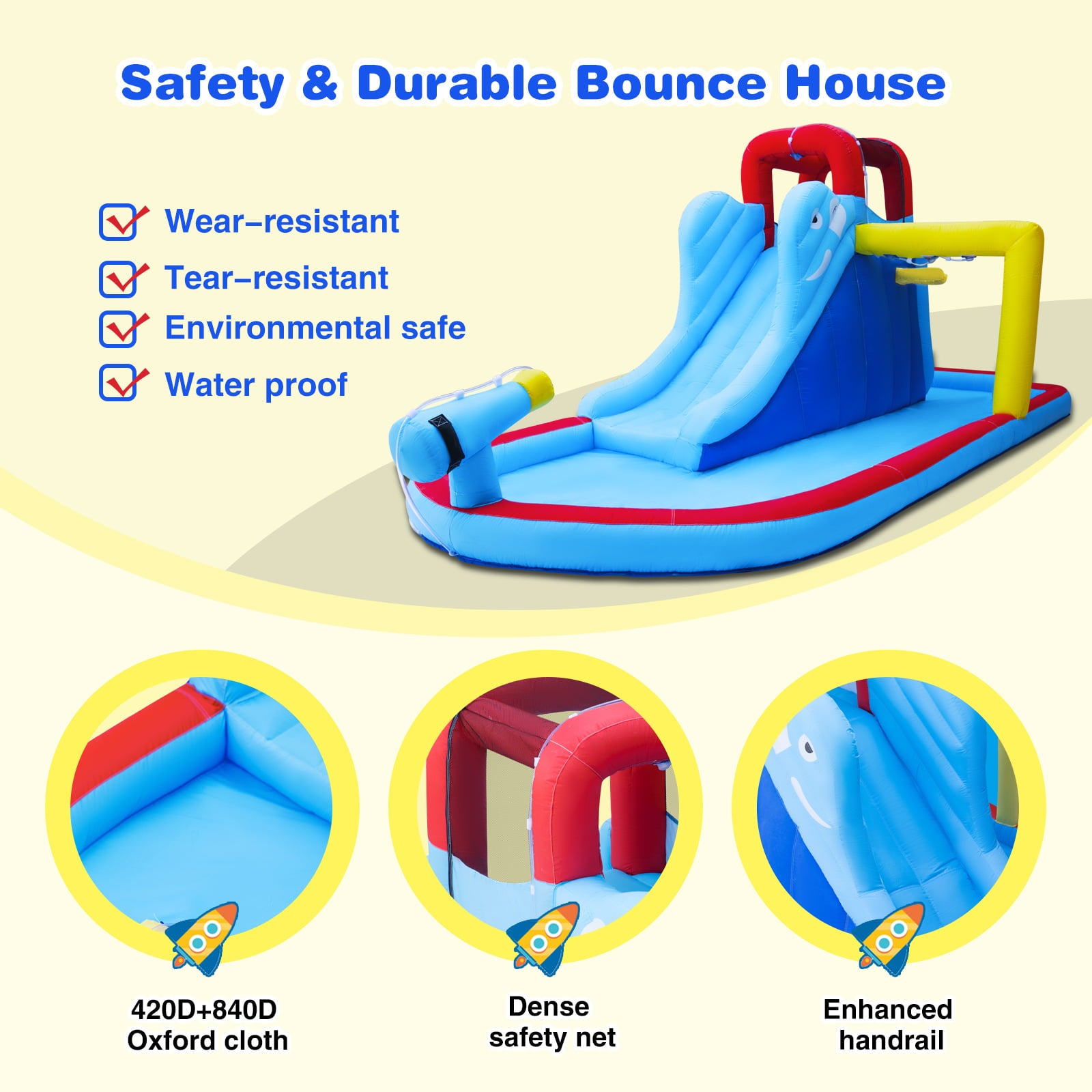 JOYLDIAS Kids Inflatable Bounce House Water Slide Bouncer Playhouse Castle with 3 Water Guns， Splash Pool， Climbing Wall， Basketball Hoop， Bag， Air Blower