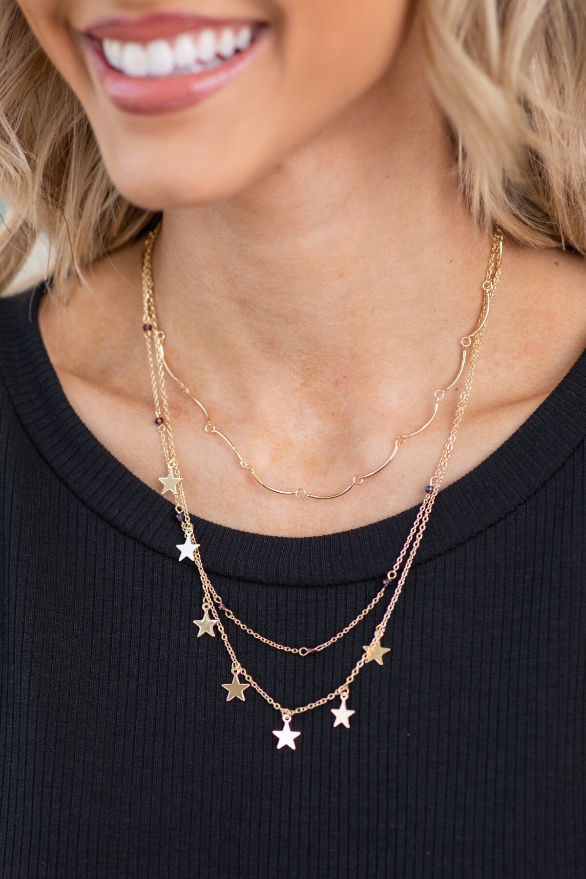 Gold Multi Strand Necklace With Stars