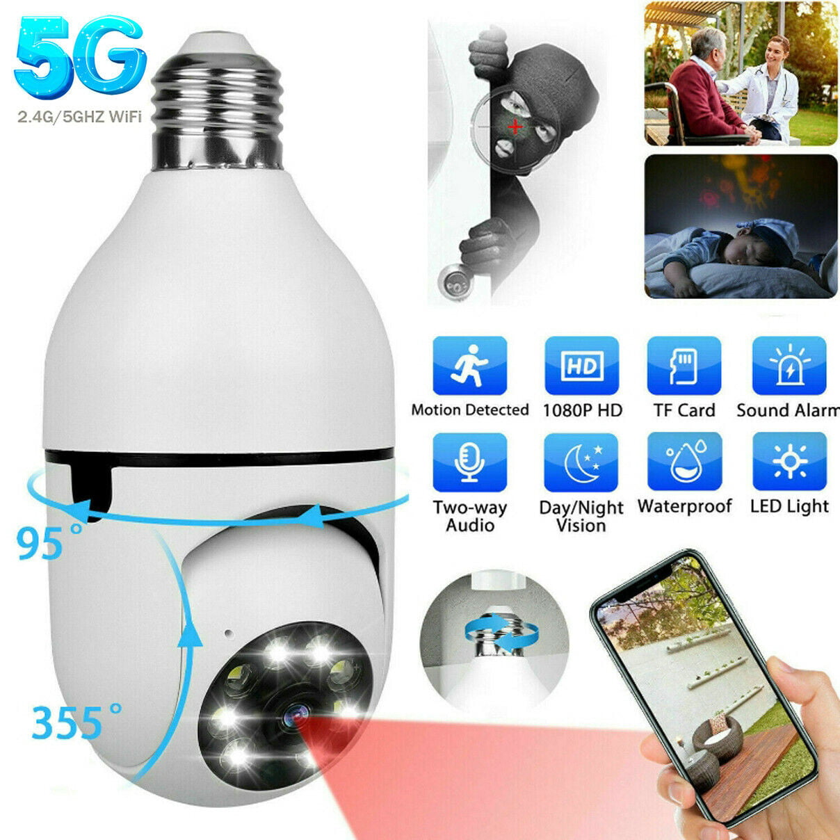 IZENGATE 360° Waterproof Wireless Camera Light Bulb Security Home Wifi Cam CCTV Monitor  Surveillance Camera Support 2.4G / 5G Wi-Fi 1080P HD Two Way Talk IP Camera