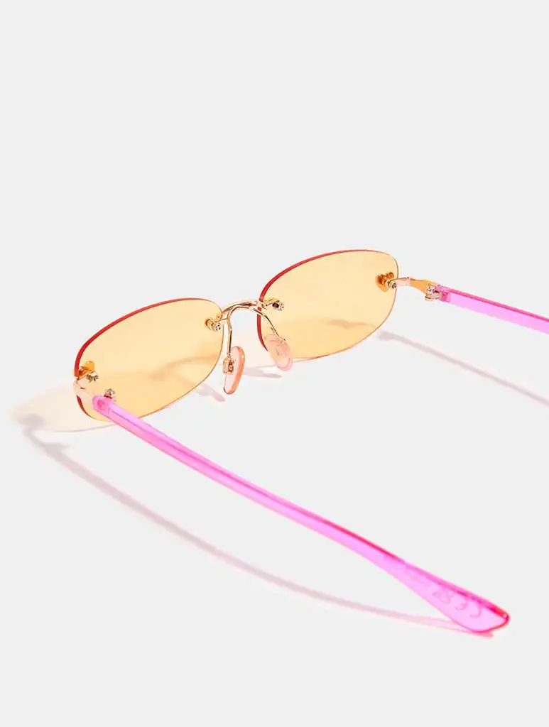 Pink Rimless Narrow Sunglasses With Orange Tinted Lens