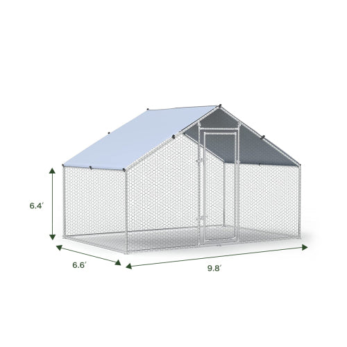 Large Metal Chicken Coop Walk-in Poultry Cage Hen Run House Rabbits Habitat Cage Spire Shaped Coop with Waterproof and Anti-Ultraviolet Cover (9.8' L x 6.6' W x 6.4' H)