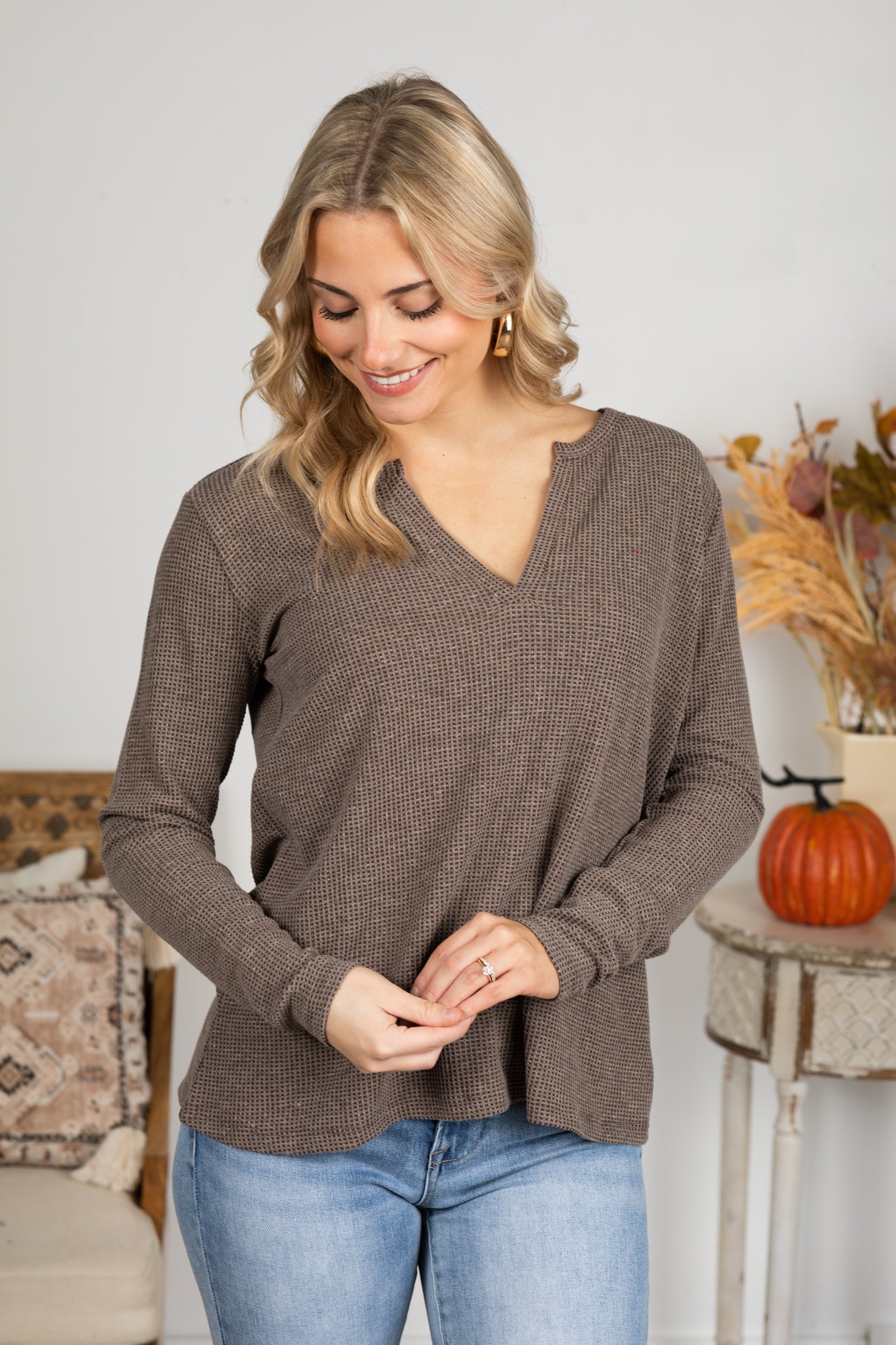 Melange Baby Waffle V-Neck Knit Top