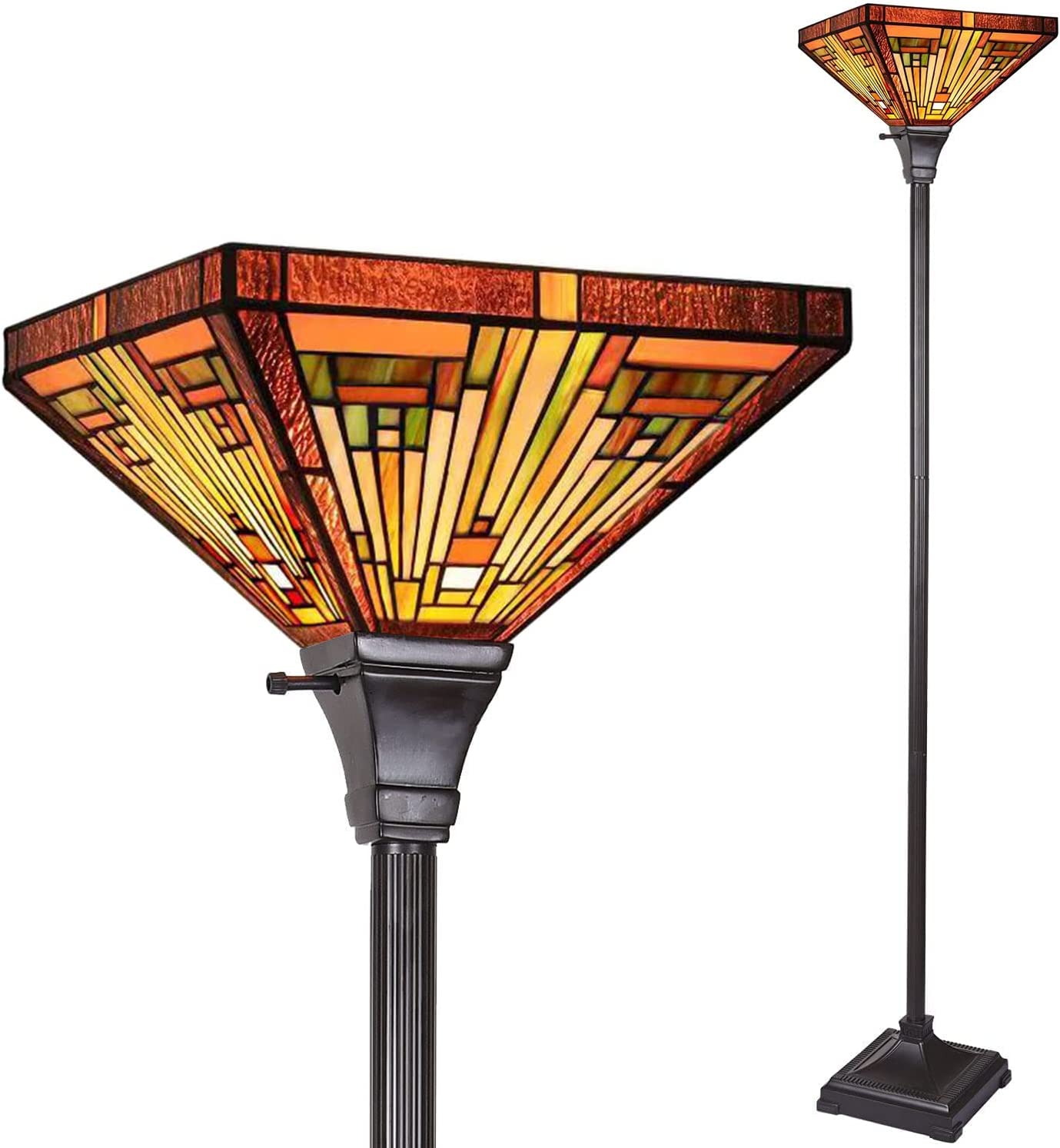 BBNBDMZ  Style Torchiere Floor Lamp Amber Brown Stained Glass 70" Tall Industrial Blackish Bronze Pole Torch Standing Light Decor for Living Room Bedroom Office