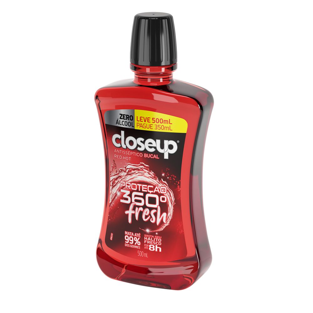 Enxaguante Bucal Zero Alcool Red Hot Closeup Protecao 360° Fresh Frasco Leve 500ml Pague 350ml