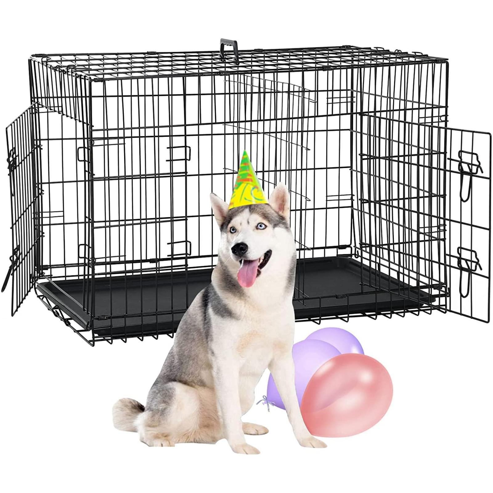 NiamVelo 48 inch Large Dog Crate  Dog Cage Dog Kennel， Folding Metal Wire Pet Crate with Handle and Plastic Tray， IndoorandOutdoor， Black XXL