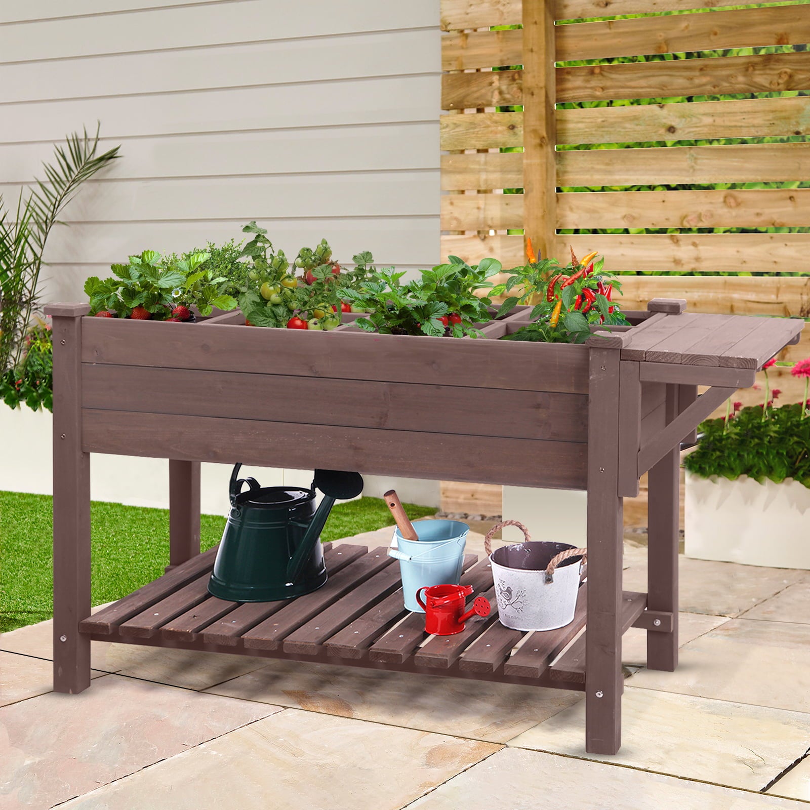 Morgete Wooden Raised Garden Bed with Shelf, Elevated Planter Box with Trellis, Outdoor Garden Kit for Herb