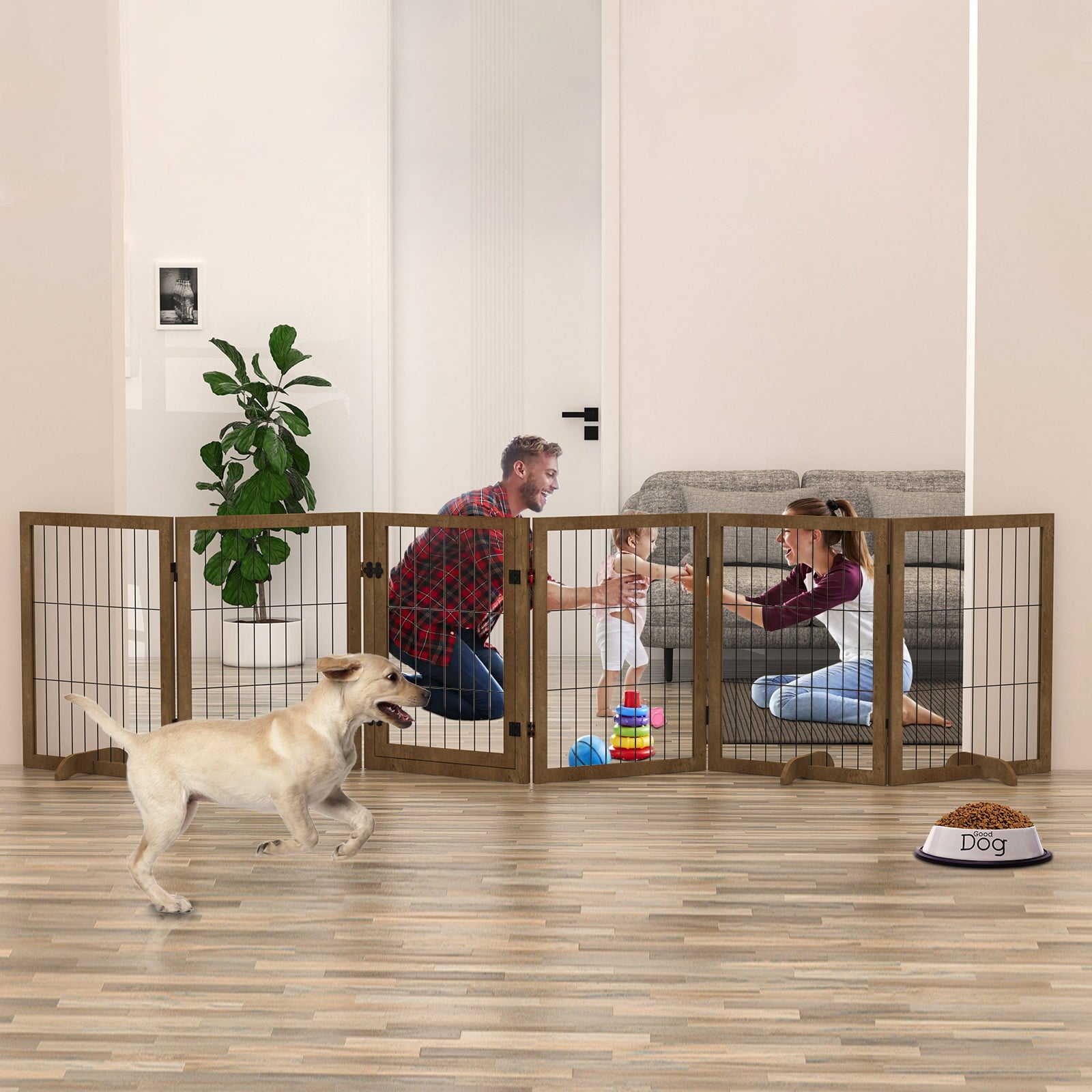 Dog Gate Pet Fence Extra Wide with Walk Through Door， Wood Preassembled Freestanding Baby Safety Gate Dog Barrier Indoor Lockable for Home， Doorway， Stairs， 31.5''H with 4 Support Feet