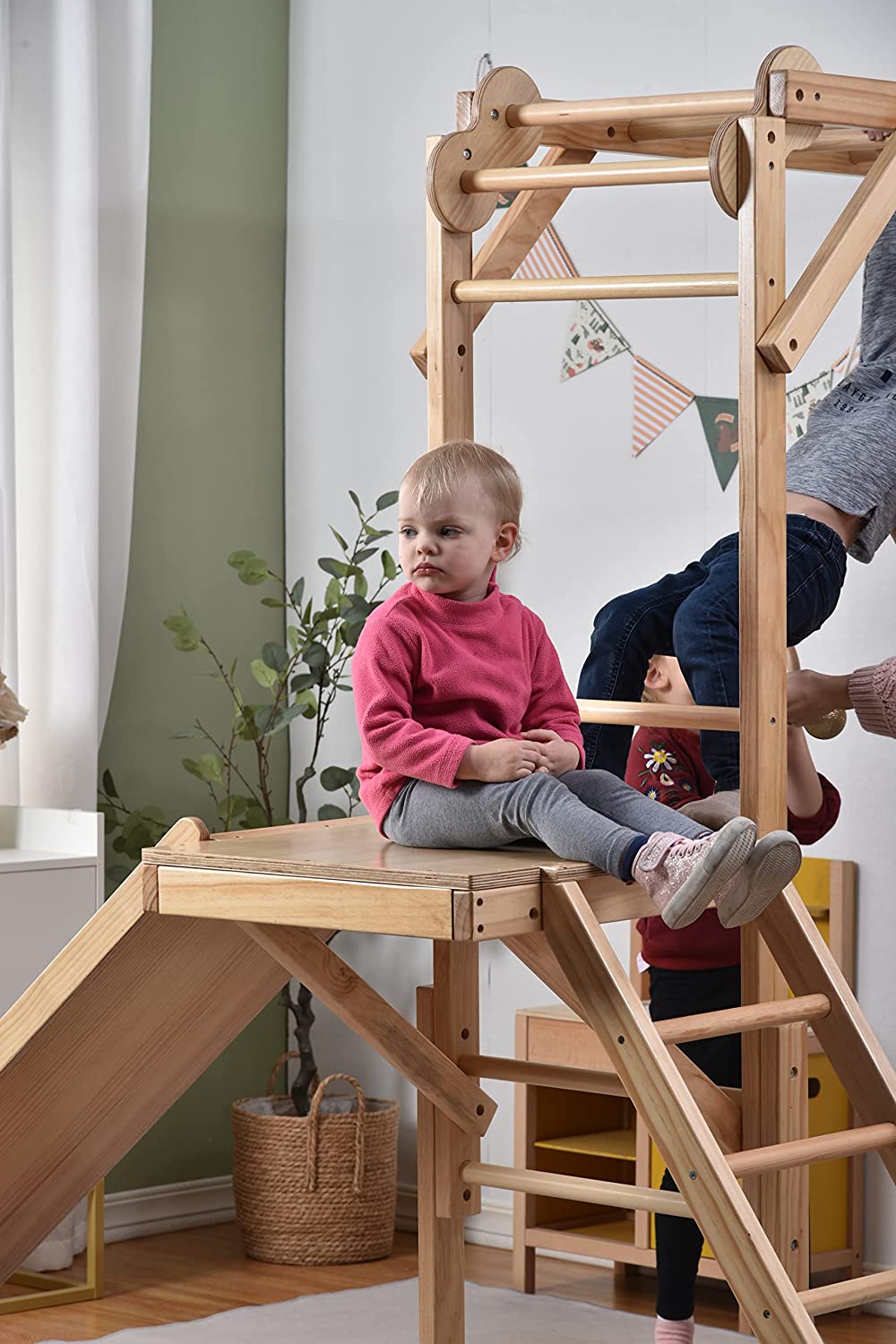 Avenlur Grove Indoor Jungle Gym Playground Wood PlaySet with Monkey Bars and Rope Wall Net， Kids Adventure， Ladder， Climber， Slide， Ring Set Play Structure Ages 2 - 11 (Large， Natural Wood)