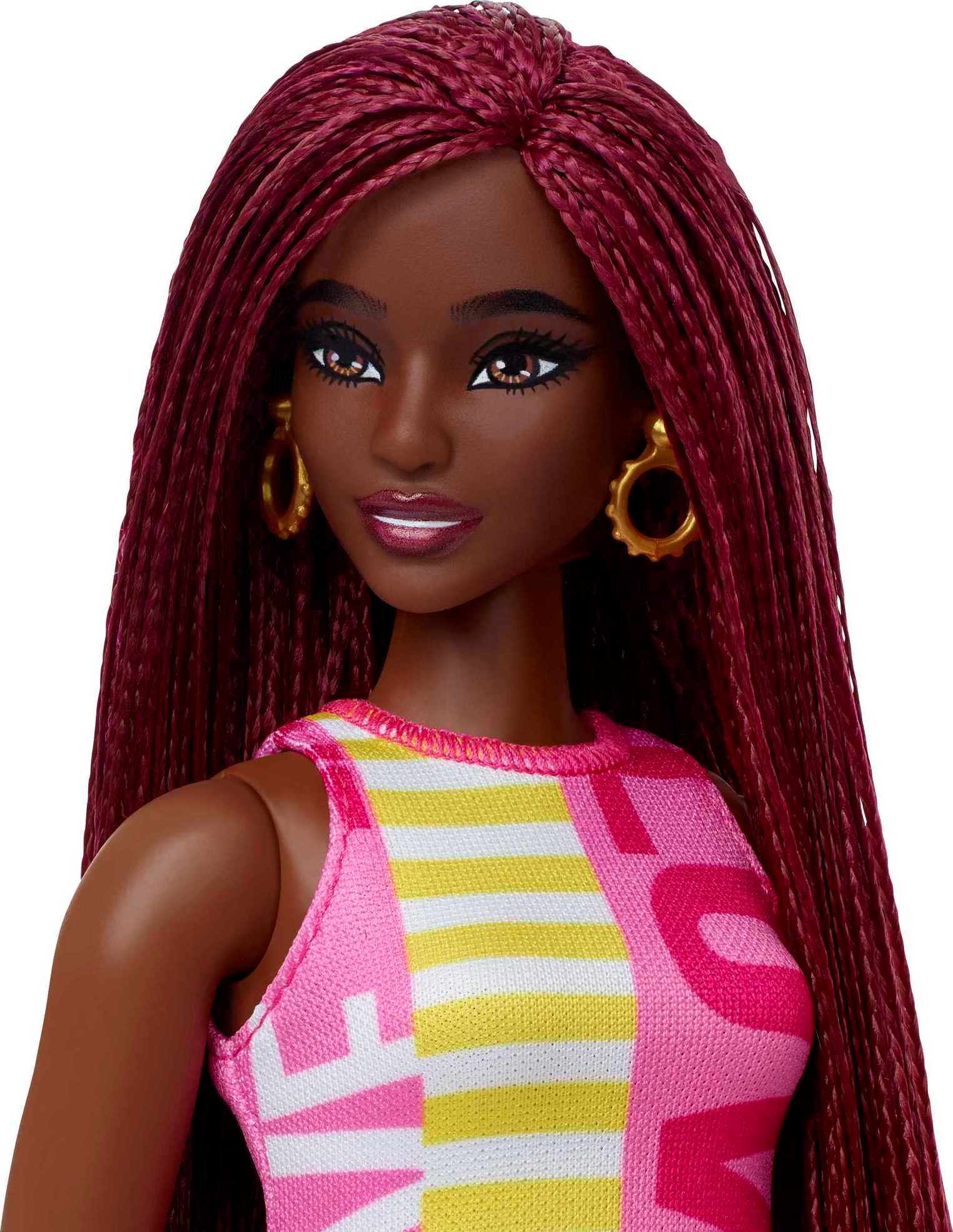 Barbie Fashionistas Doll #189 in Sleeveless Dress with Curvy Body, Crimson Braids & Accessories