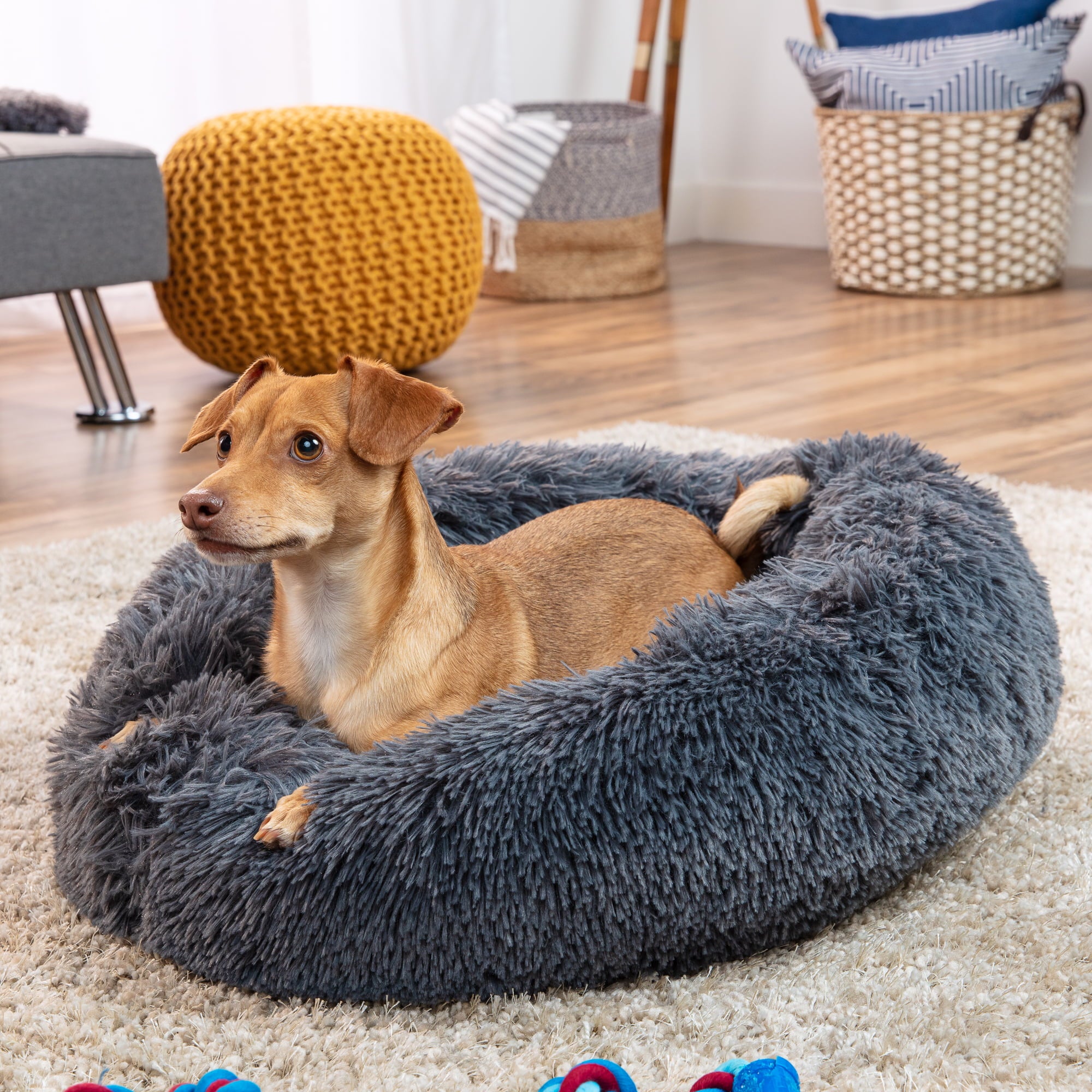Best Choice Products Self-Warming Plush Faux Fur Donut Calming Dog Bed Cuddler w/ Water-Resistant Lining - Gray