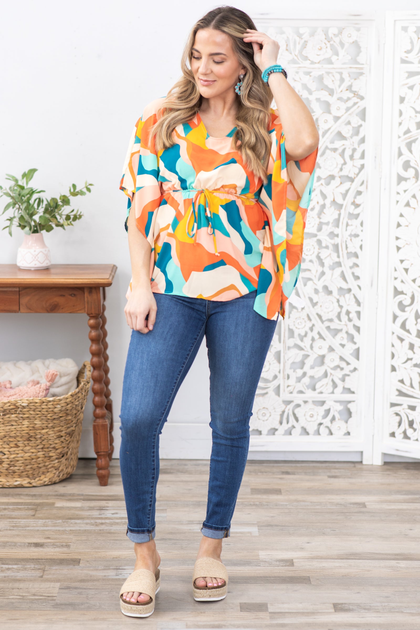 Teal Multicolor Geo Print Woven Top